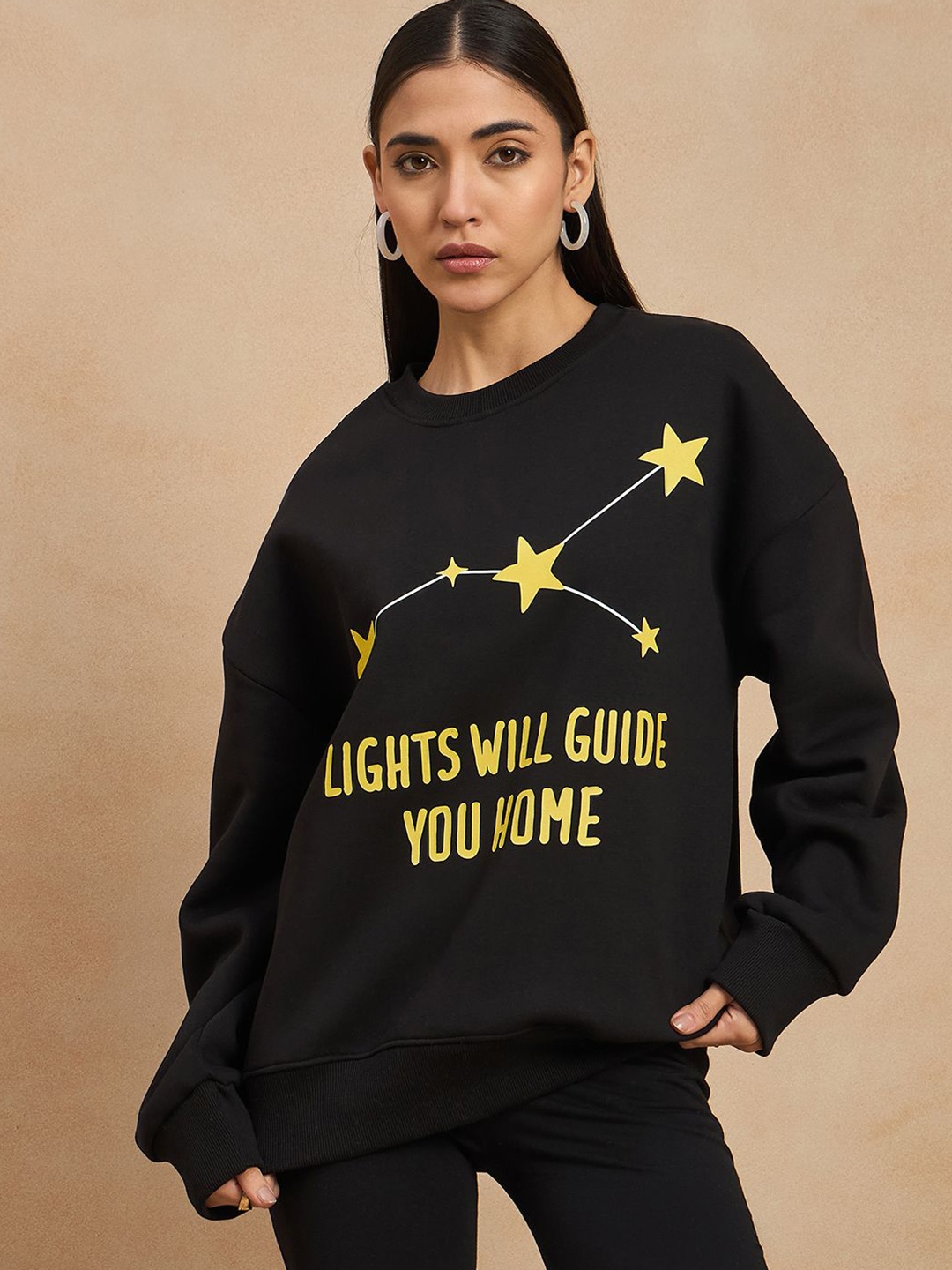

COLOR CAPITAL Women Printed Oversized Sweatshirt, Black