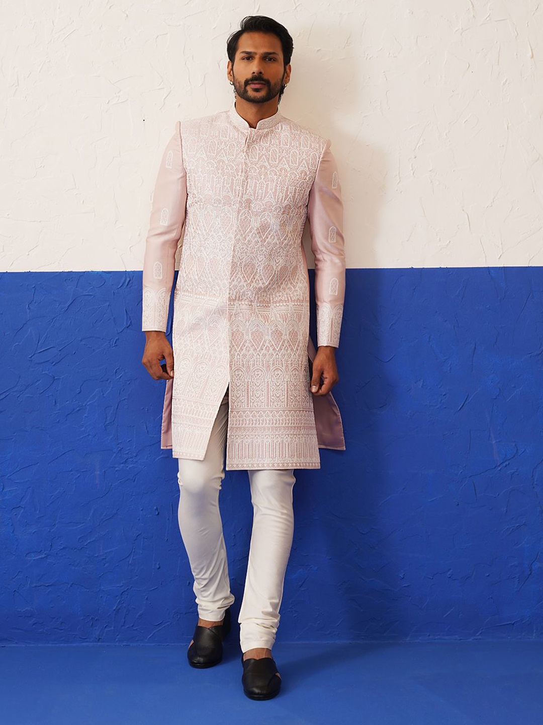 

TheEthnic.Co Men Pink Heavy Embroidered Pure Cotton Sherwani Set
