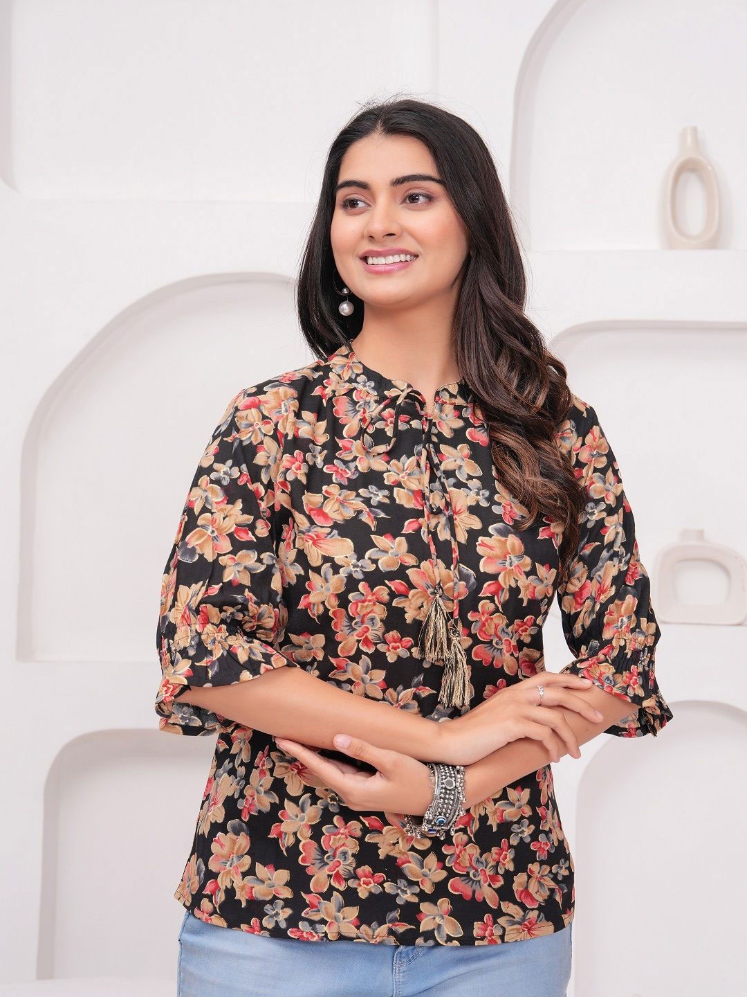 

KBZ Floral Printed A-Line Top, Black