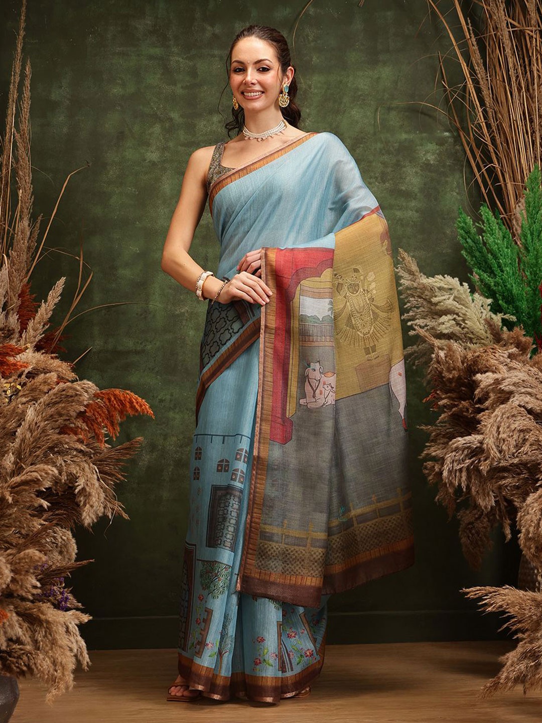 

Silk Land Kalamkari Zardozi Chanderi Saree, Teal