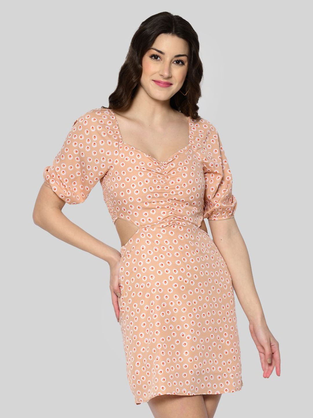 

DressBerry Floral Print Puff Sleeve Sheath Dress, Beige