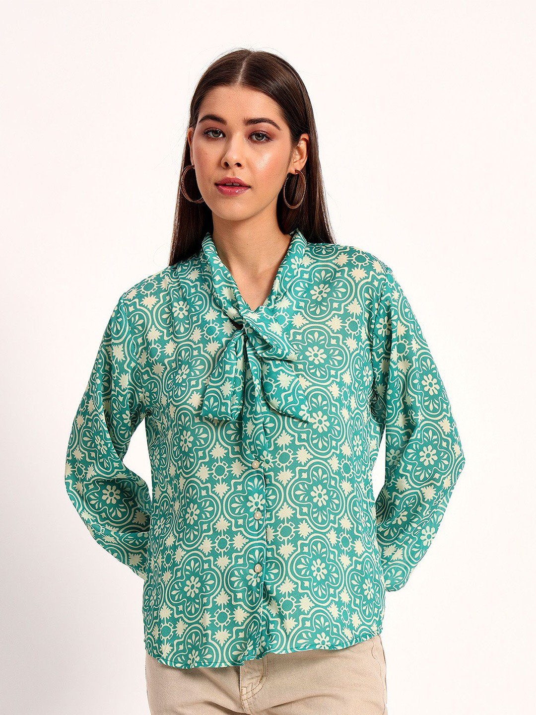 

Peikh Women Classic Floral Opaque Printed Casual Shirt, Green
