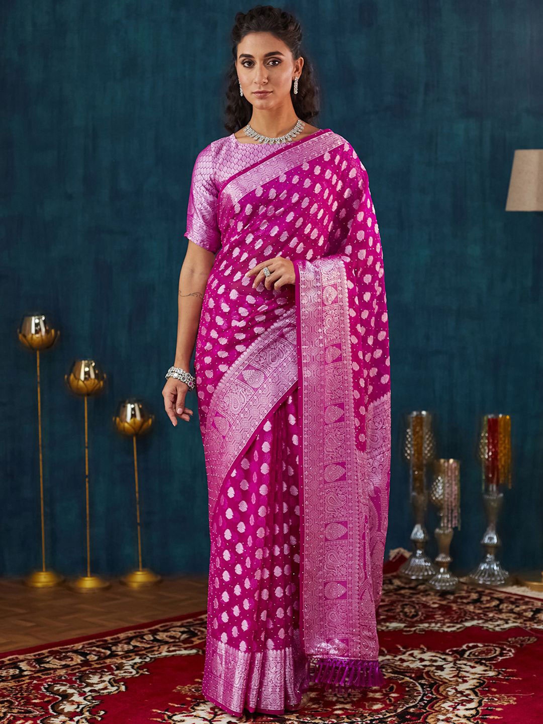 

Satrani Woven Design Pure Georgette Saree, Pink