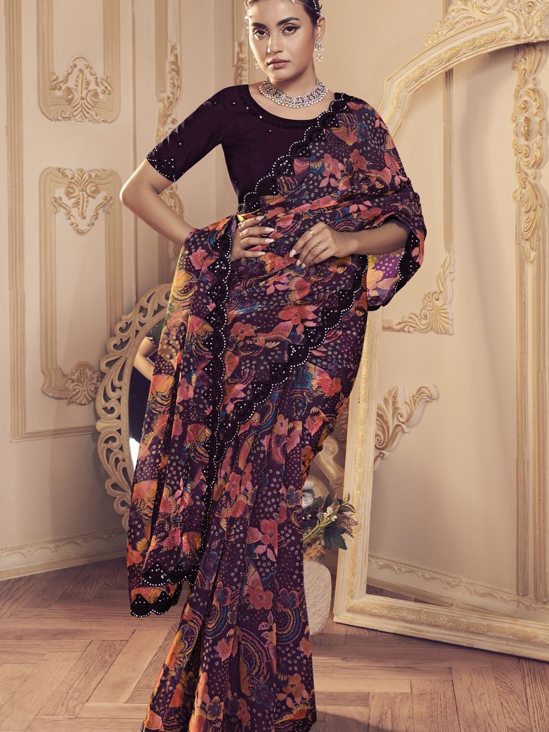 

Suha Floral Printed Pure Silk Saree, Purple