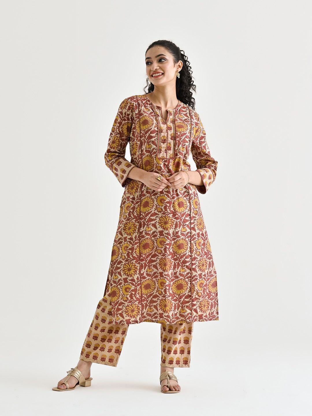 

Rustorange Floral Printed Beads Detail Pure Cotton Straight Kurta Pant Set, Beige