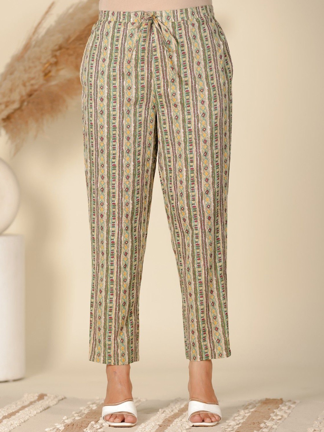 

Aramya Women Striped Cotton Regular Trousers, Green