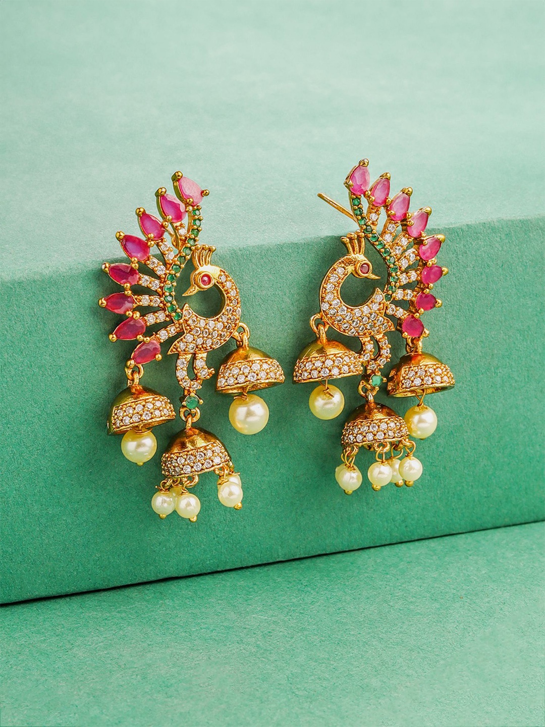 

Yellow Chimes Gold Plated American Diamond Studded & Beaded Dome Shaped Jhumkas