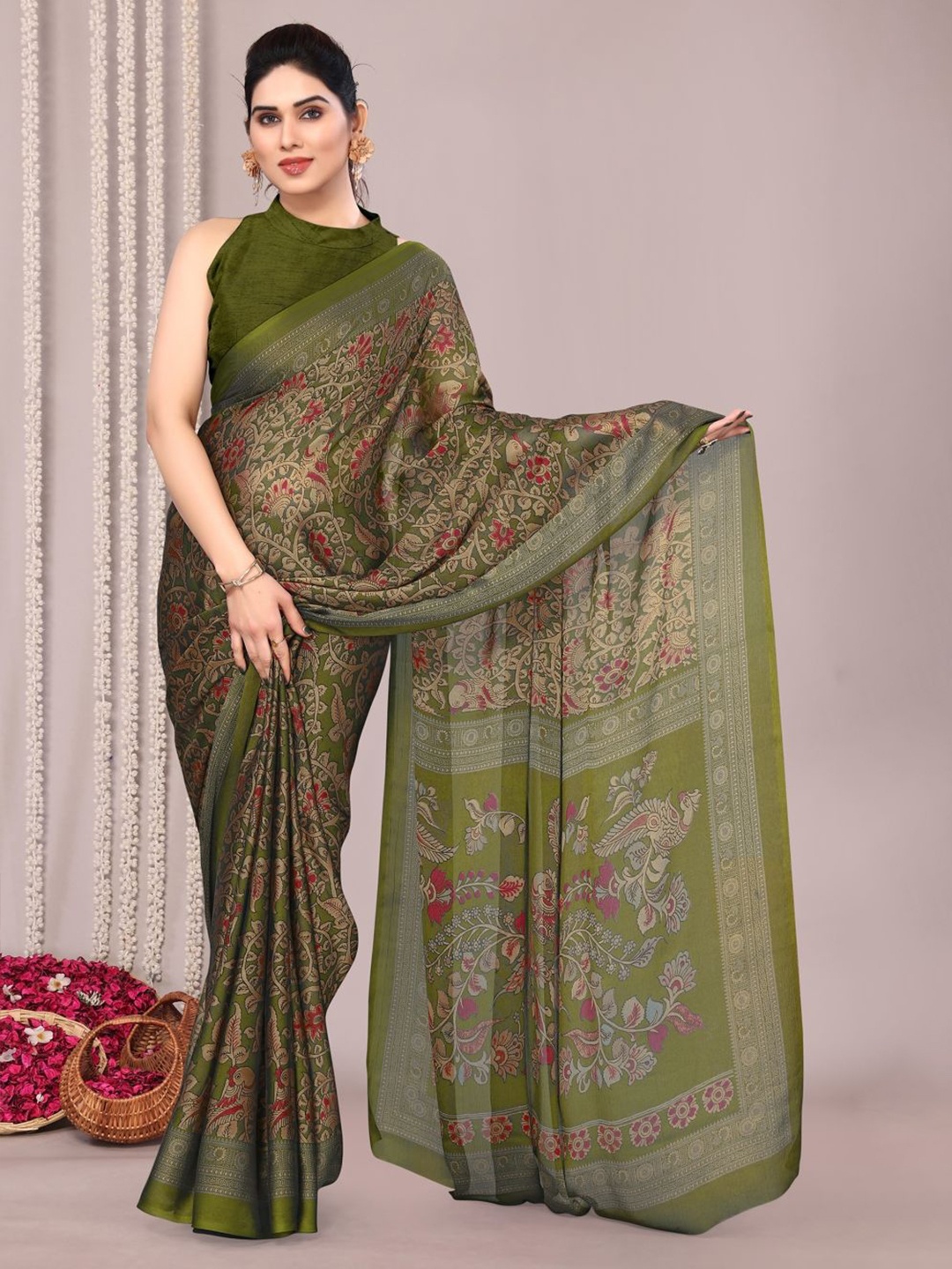 

KALINI Kalamkari Printed Saree, Green