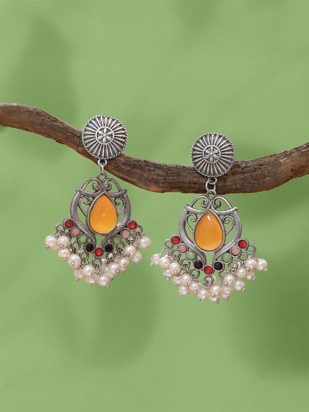 

Yellow Chimes Silver-Plated Monalisa Studded & Beaded Contemporary Drop Earrings