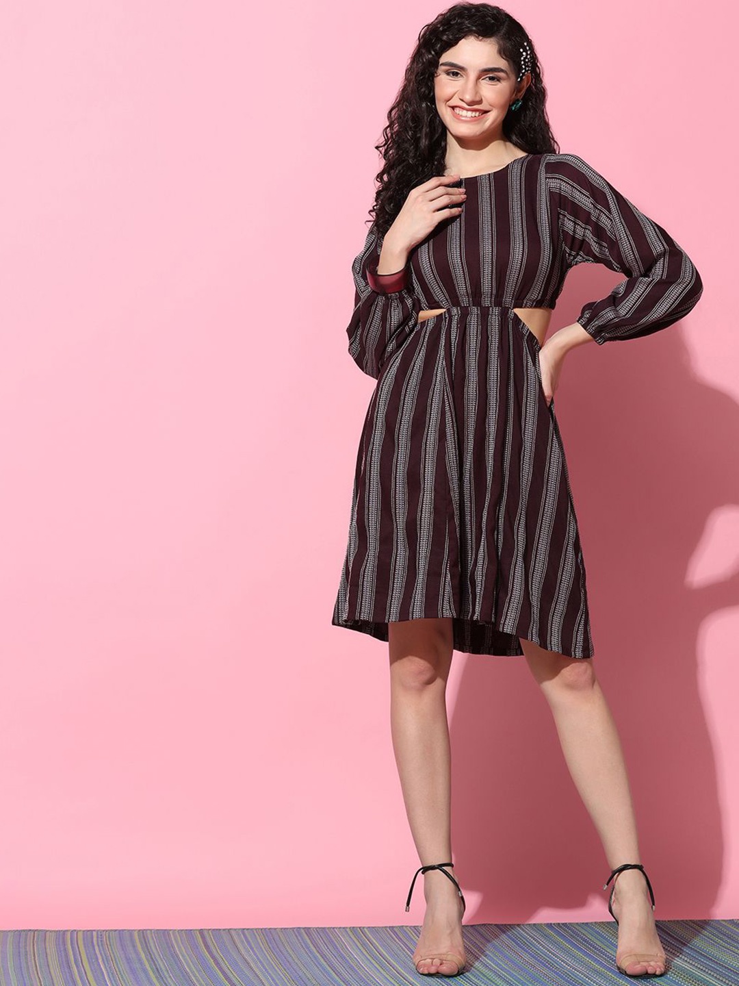 

BAESD Striped Puff Sleeves Fit & Flare Dress, Maroon