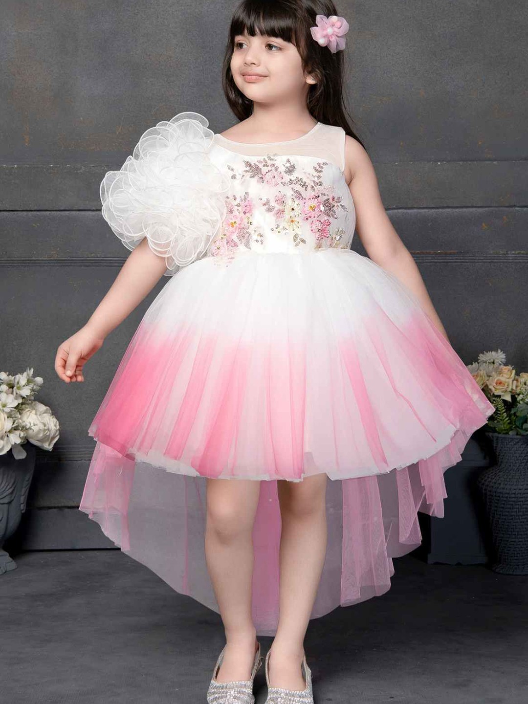 

Lagorii Girls White And Pink Sleeveless Double Shaded Sequined Worked Frock