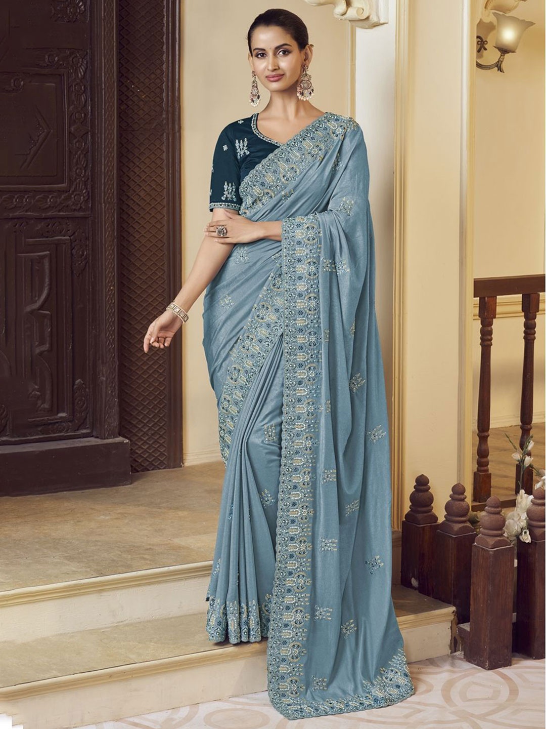

Suha Embellished Embroidered Pure Georgette Saree, Grey