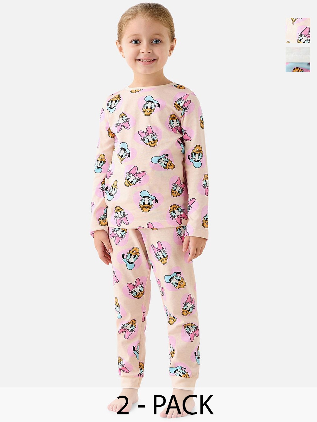 

Juniors by Babyshop Girls Pack Of 2 Printed Round Neck Pure Cotton T-Shirt With Pyjamas, Peach