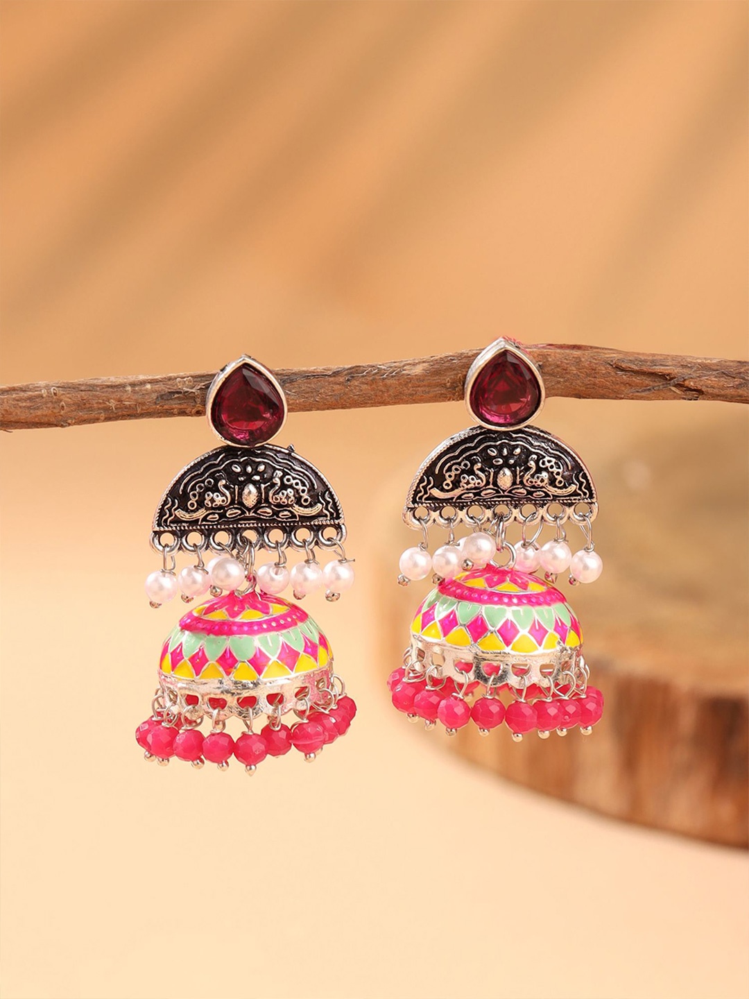 

Yellow Chimes Silver-Plated Stone Studded & Pearls Beaded Oxidized Dome Shaped Jhumkas