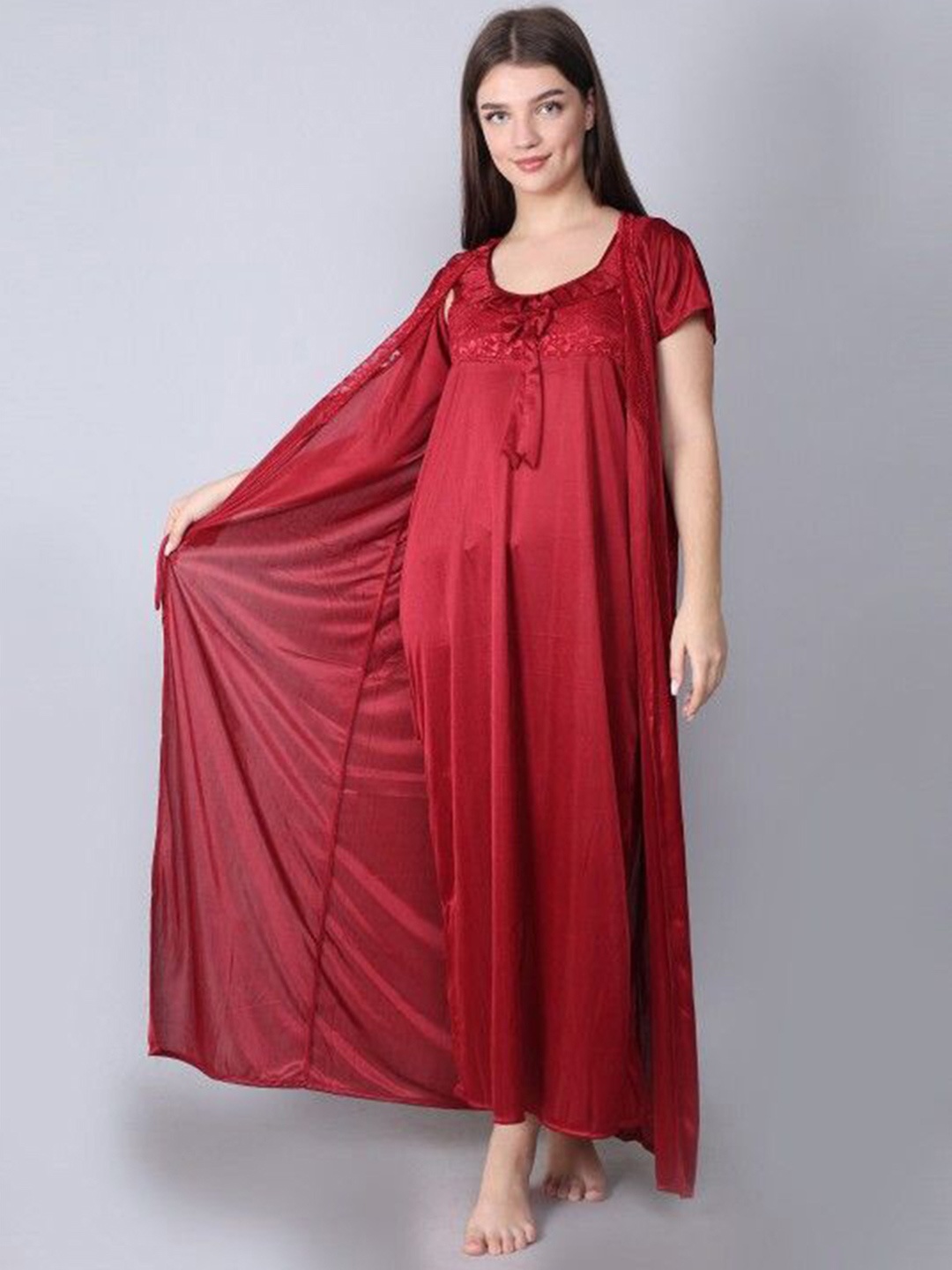 

Xivir Women Satin Maxi Nightdress With Robe, Maroon