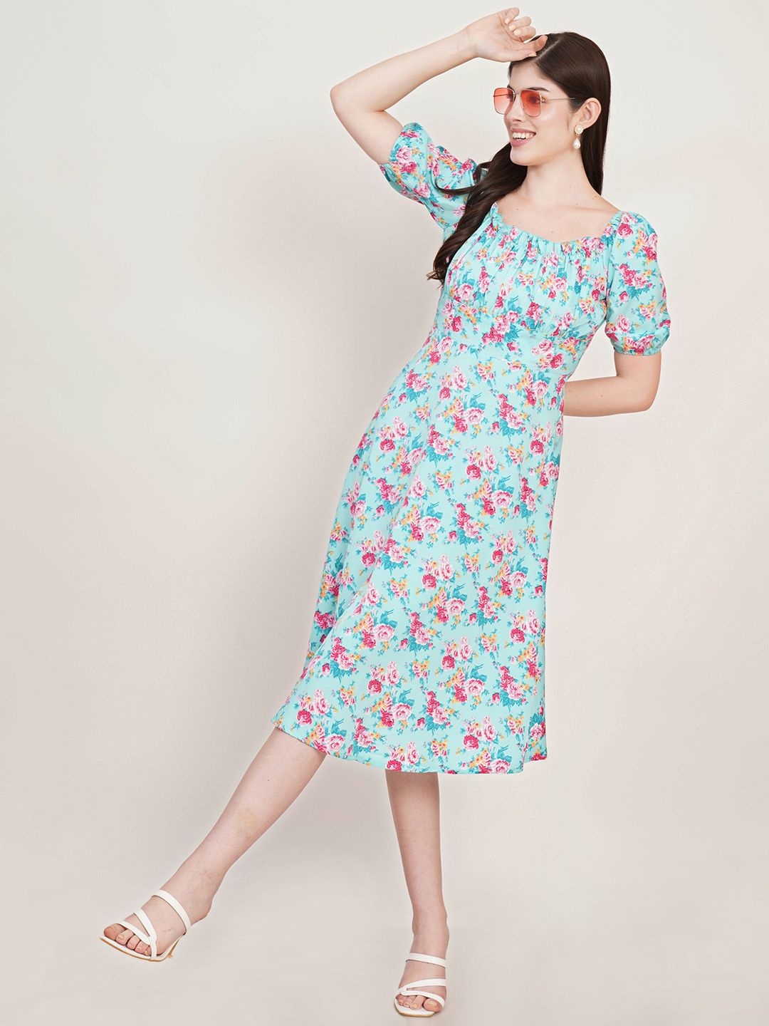 

Moda Rapido Floral Print Puff Sleeve Crepe A-Line Midi Dress, Blue