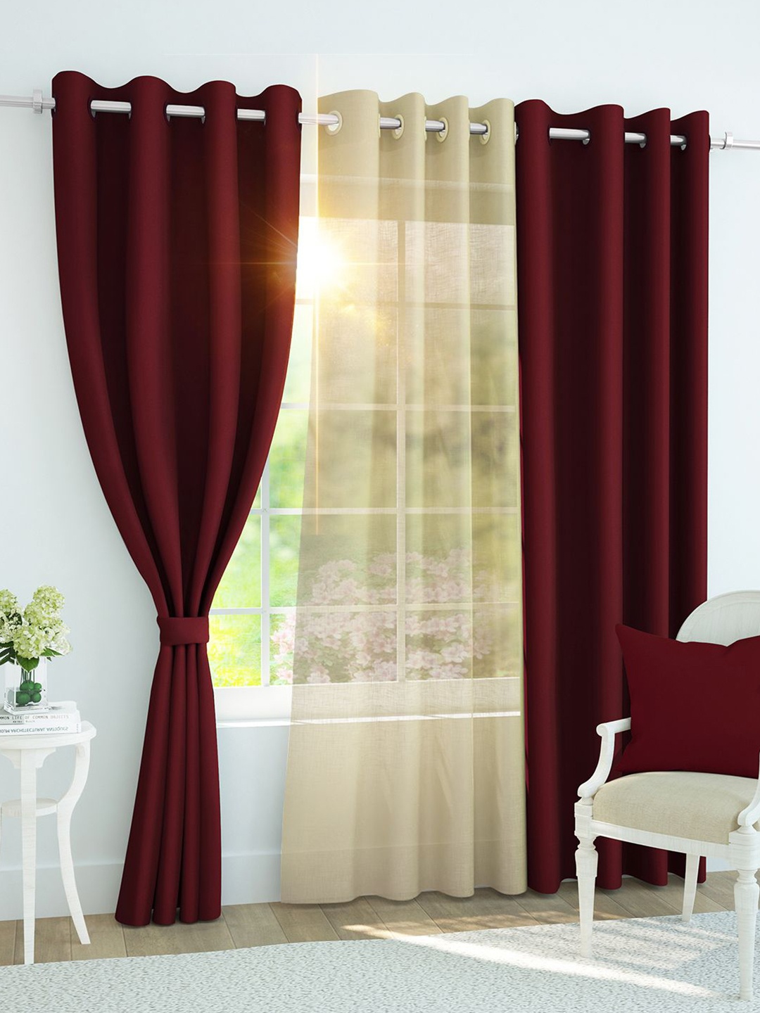 

Story@home Set of 3 Combo Door Curtains of Blackout & Sheer 7 Feet, Maroon & Beige