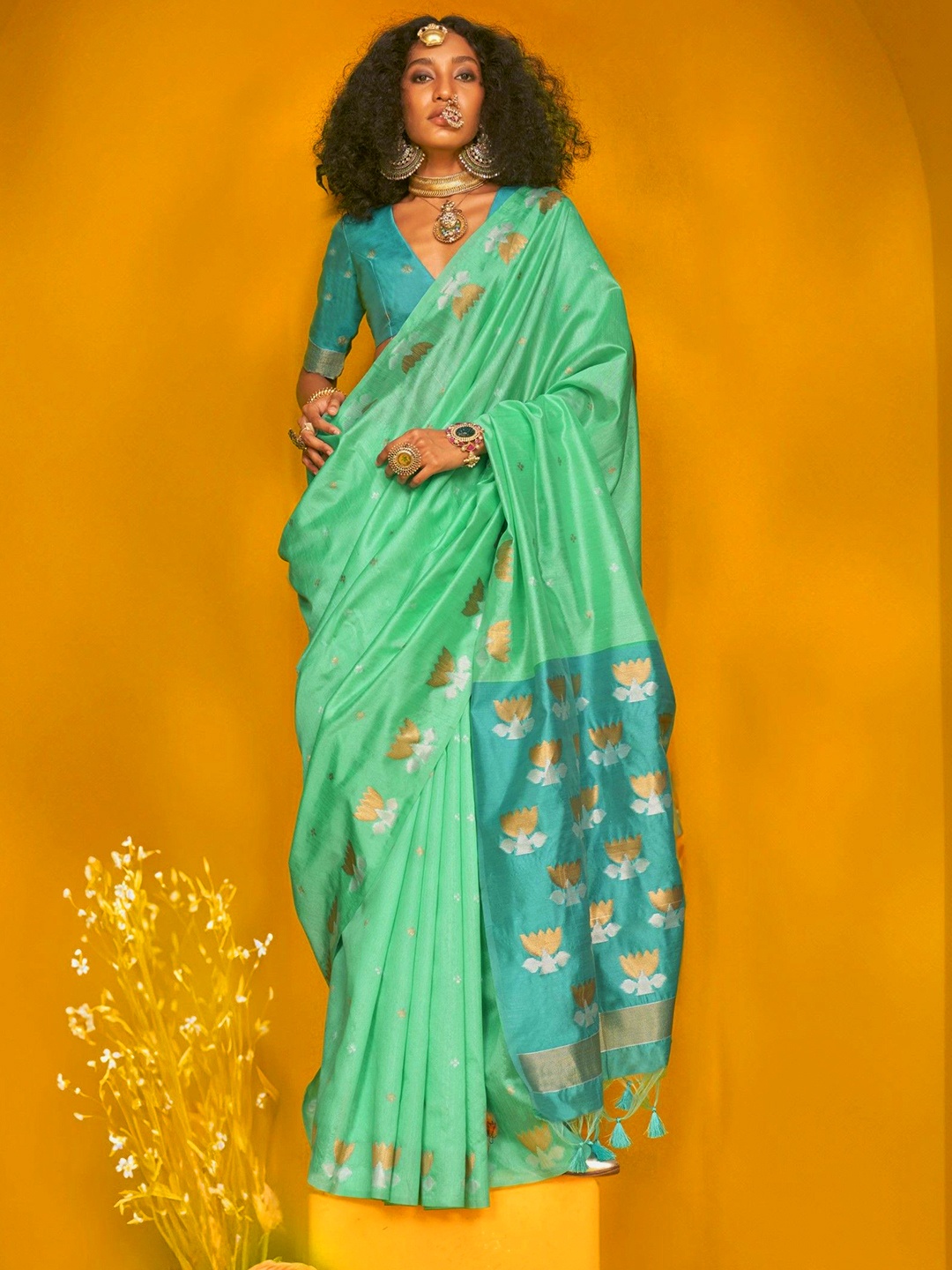 

bansari textiles Woven Design Banarasi Saree, Turquoise blue