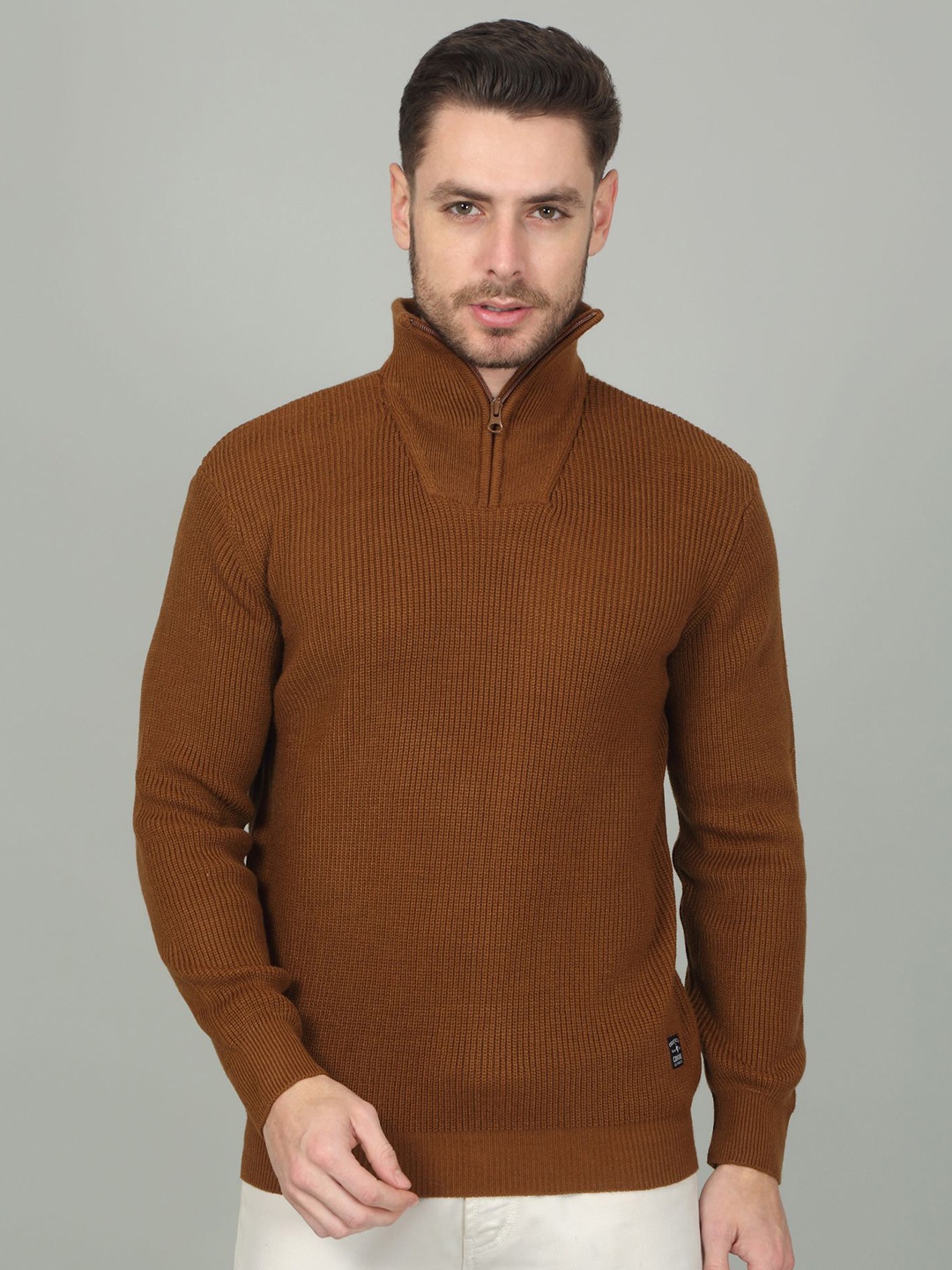 

Cantabil Men Mock Collar Ribbed Pullover, Brown