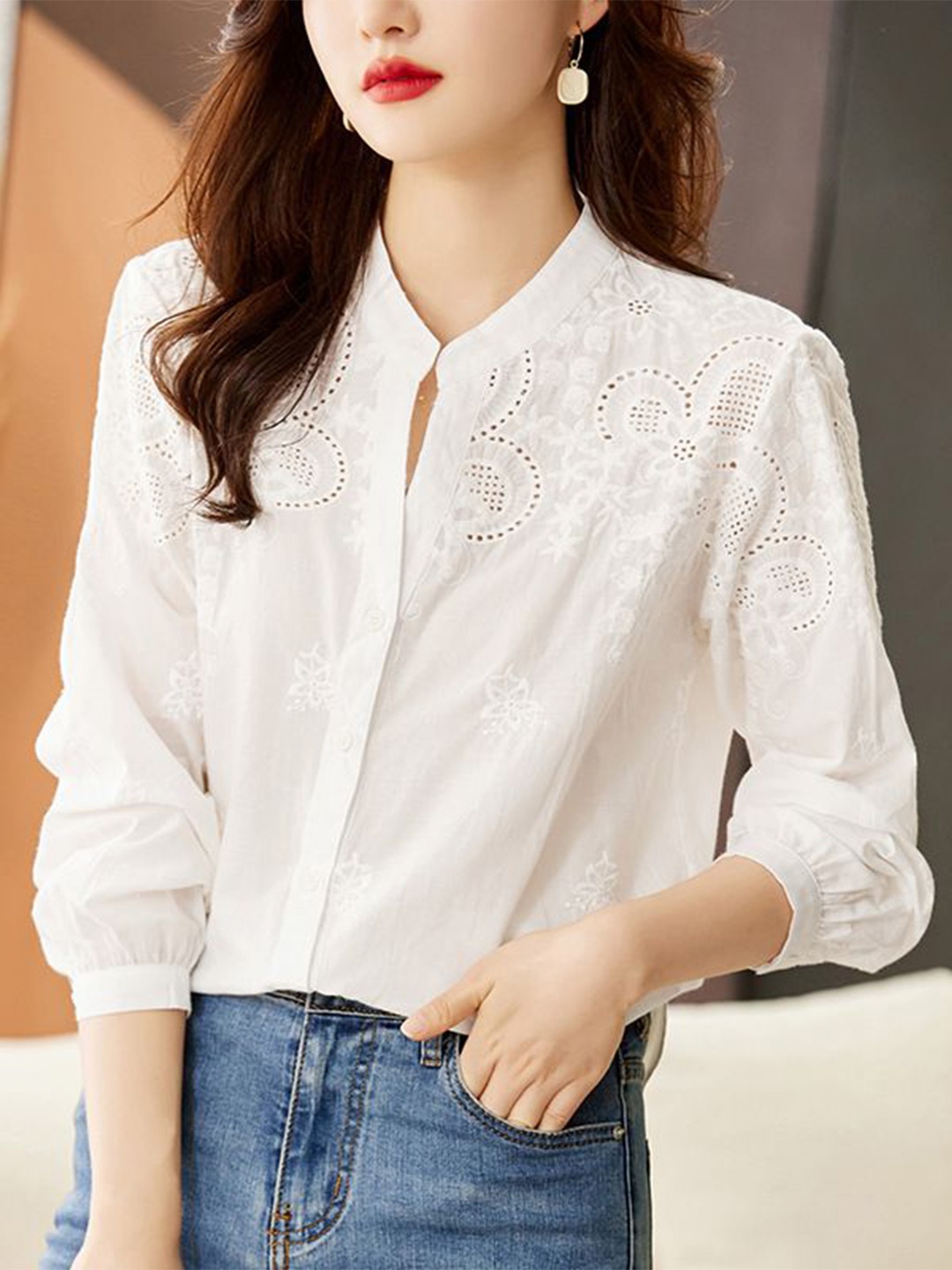 

StyleCast Women Self Design Floral Embroidered Cotton Casual Shirt, White