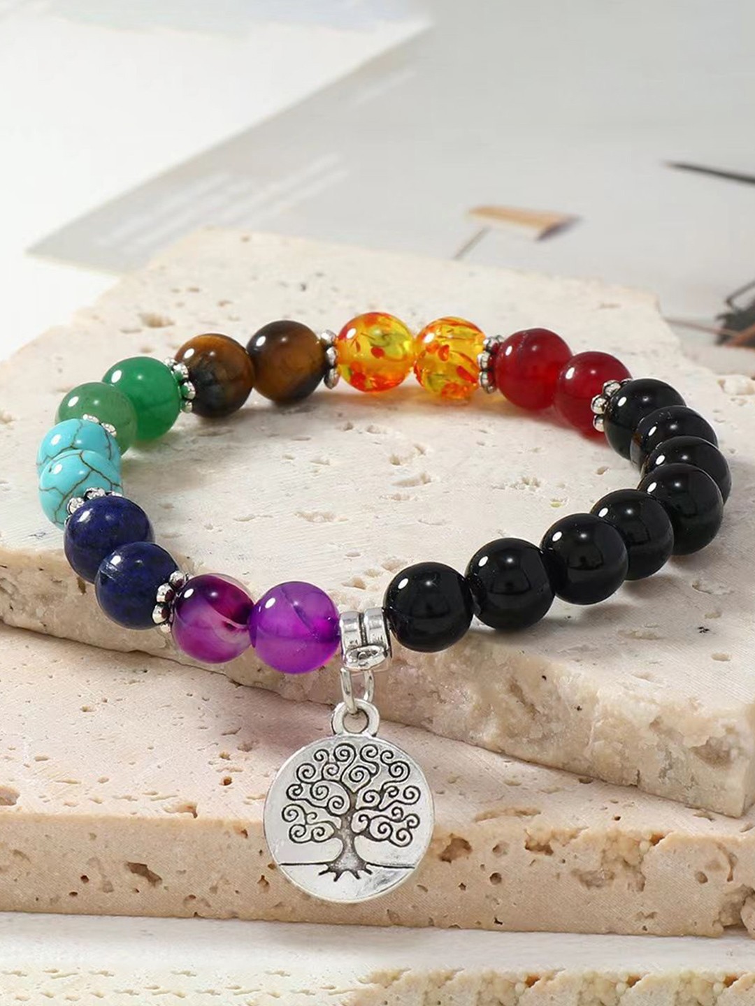 

MEENAZ Silver-Plated Beaded Stainless Steel Elasticated Bracelet