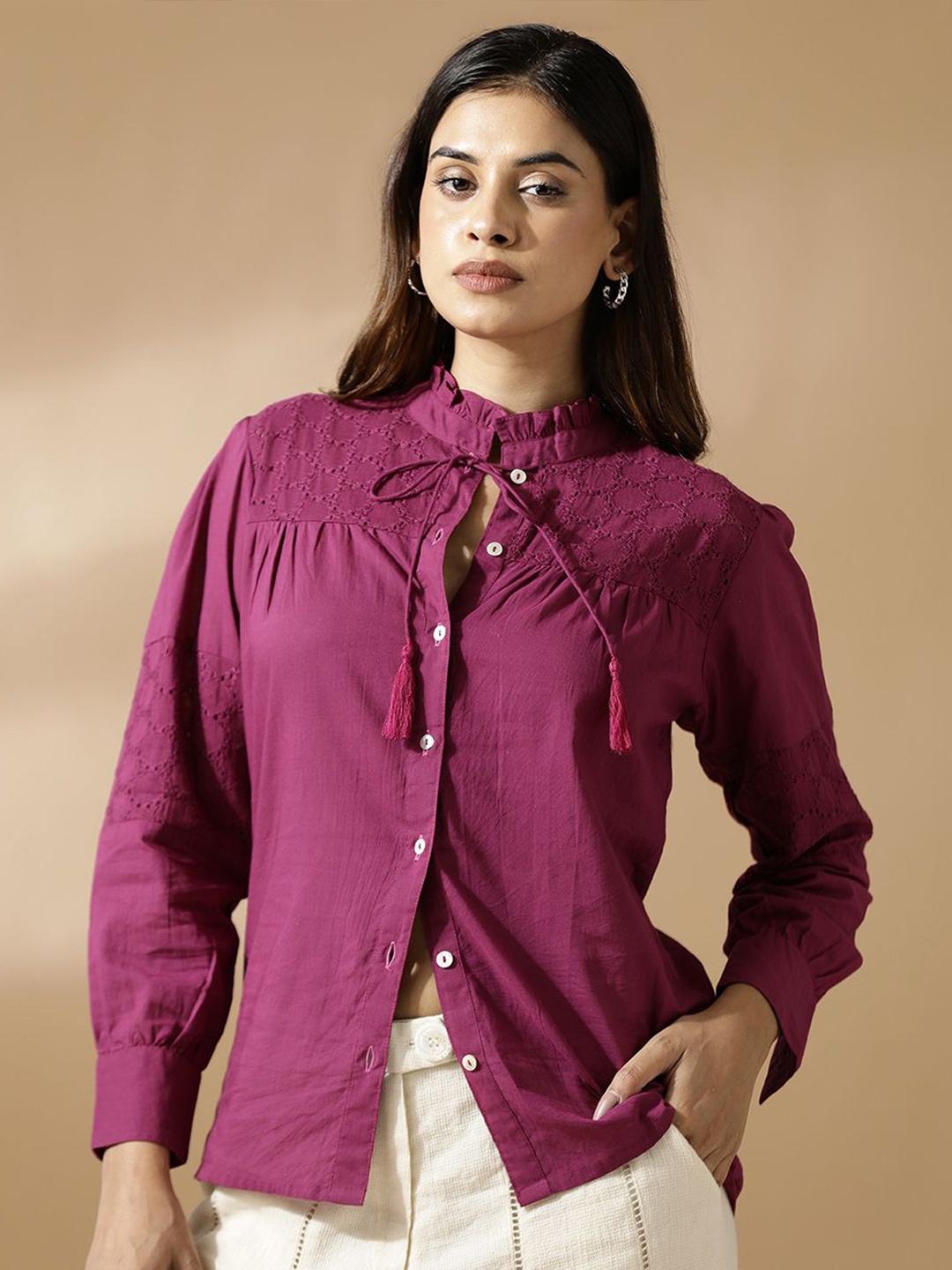 

Mugo Mandarin Collar Shirt Style Top, Magenta