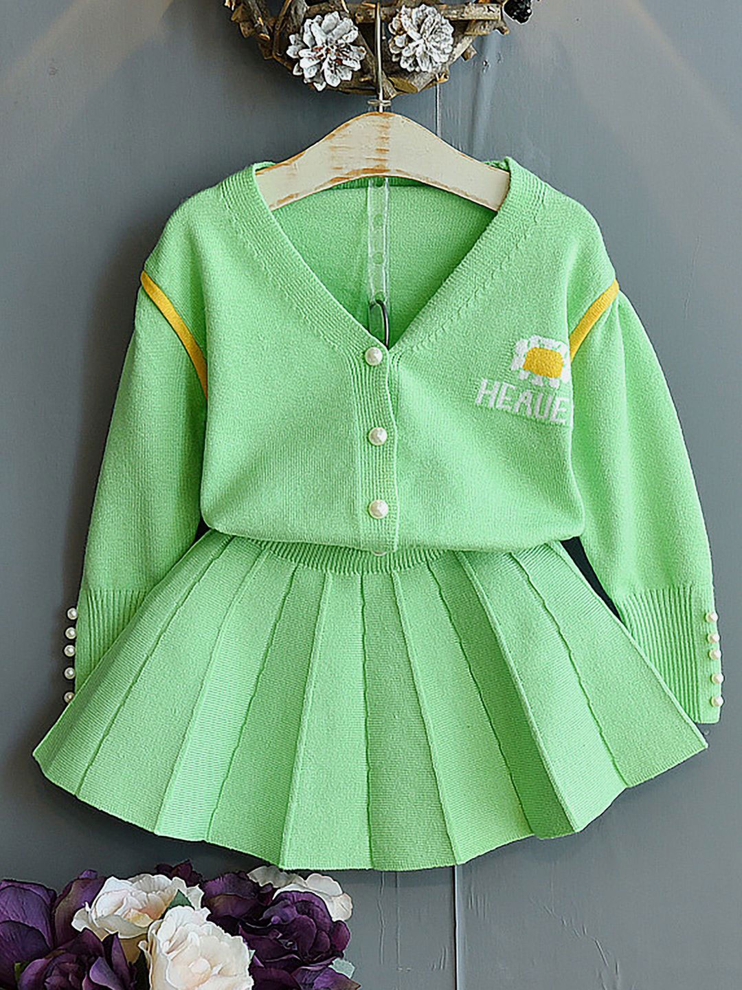 

Little Surprise Box LLP Girls Embroidered V-Neck Top With Skirt, Green