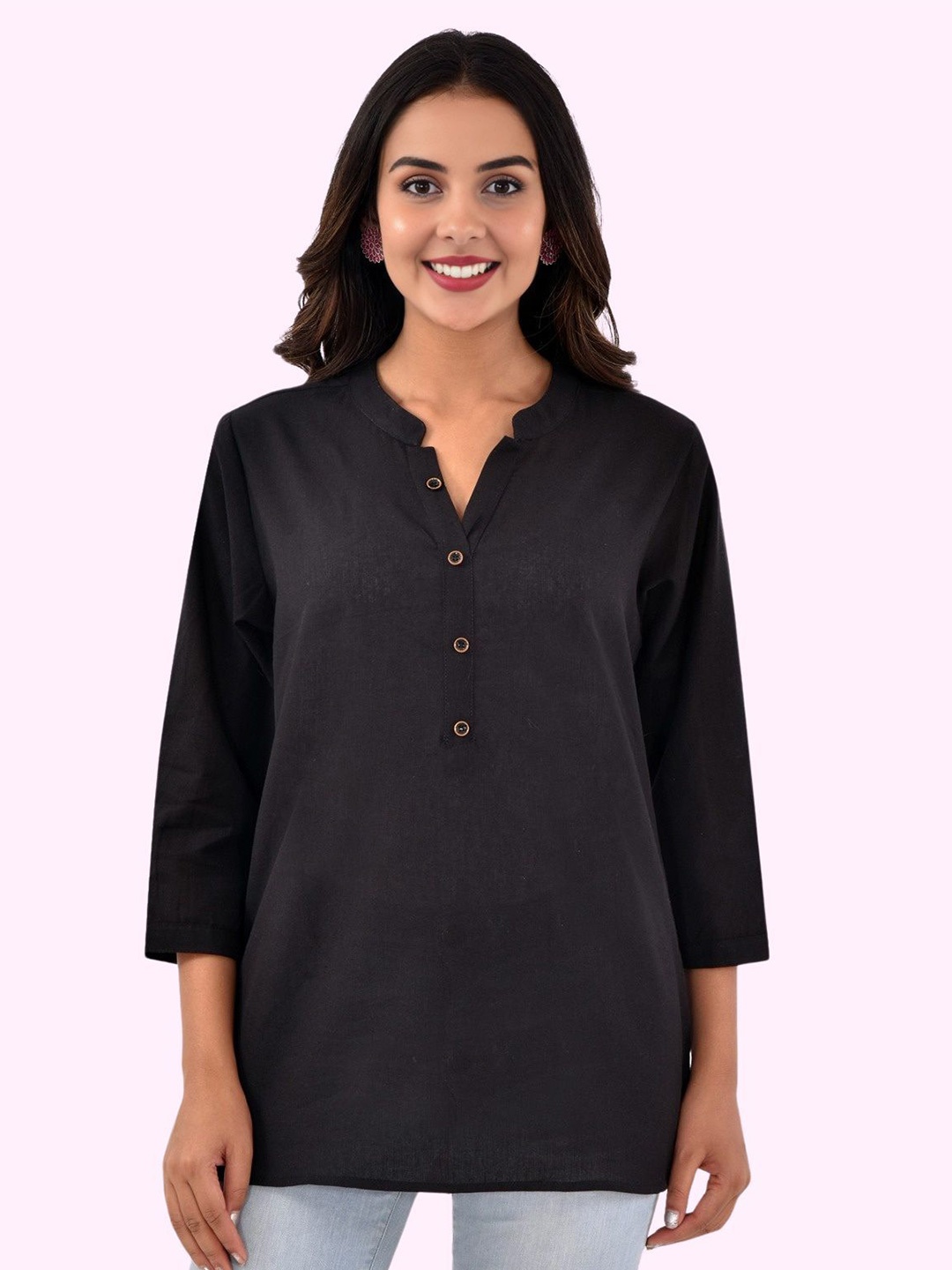 

GiftyBasket Women Mandarin Collar Cotton Shirt Style Top, Black