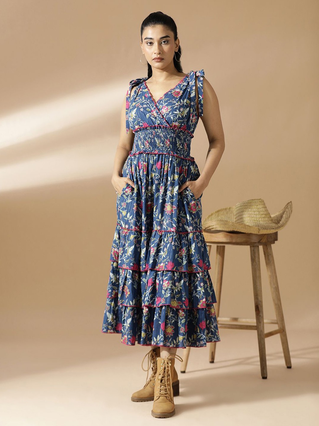 

Mugo Floral Print Fit and Flare Layered Maxi Dress, Blue