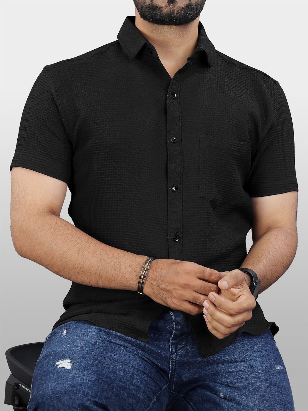 

VeBNoR Men Textured Standard Fit Casual Shirt, Black