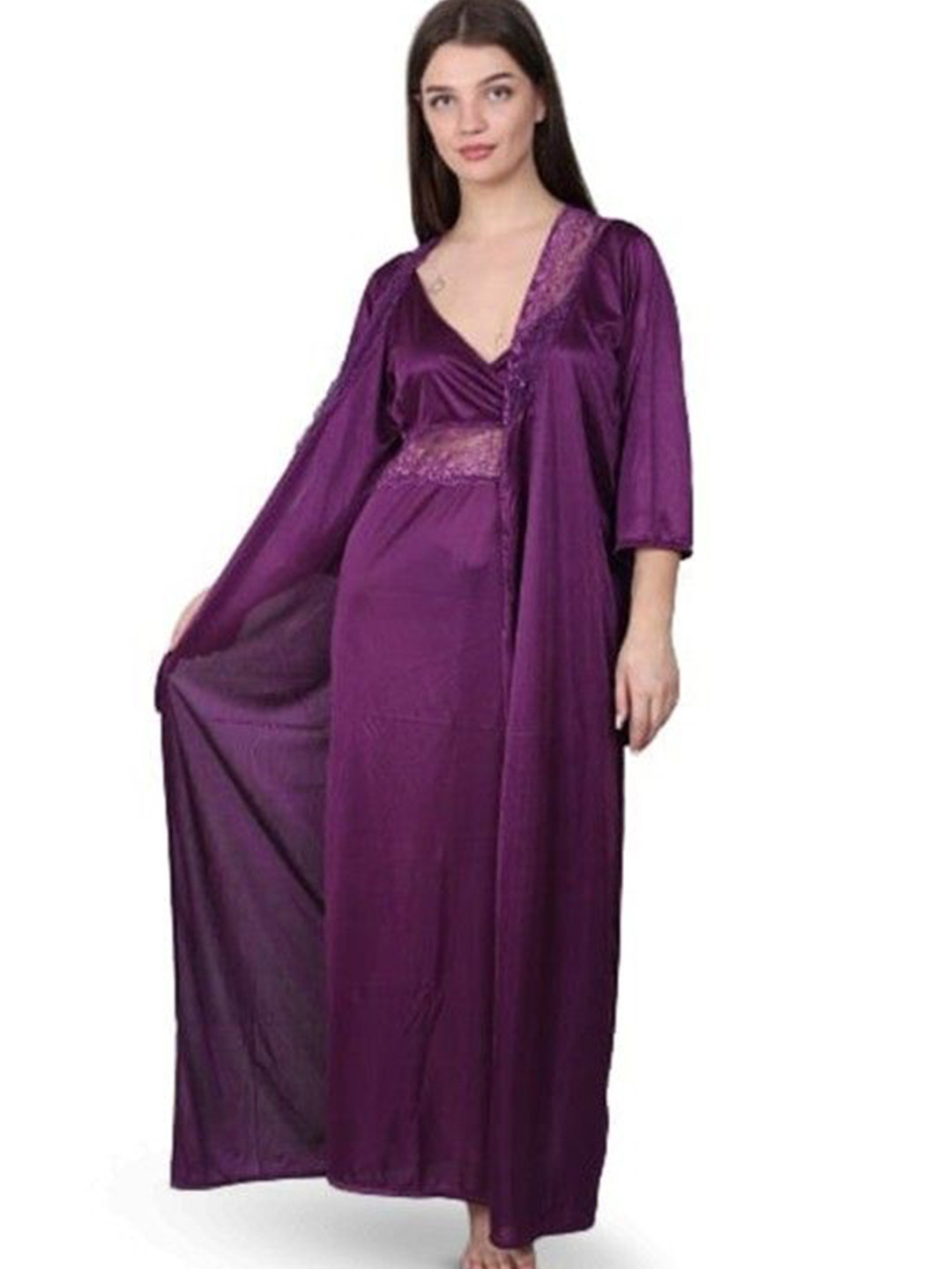 

Softwrap Women Satin Maxi Nightdress With Robe, Purple