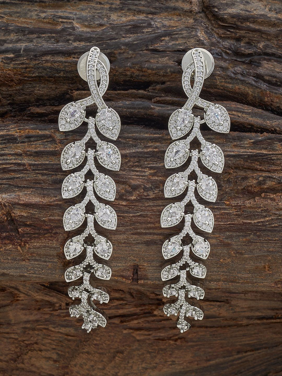 

Kushal's Fashion Jewellery Rhodium Plated Zircon Studded Leaf Shaped Drop Earrings, Silver