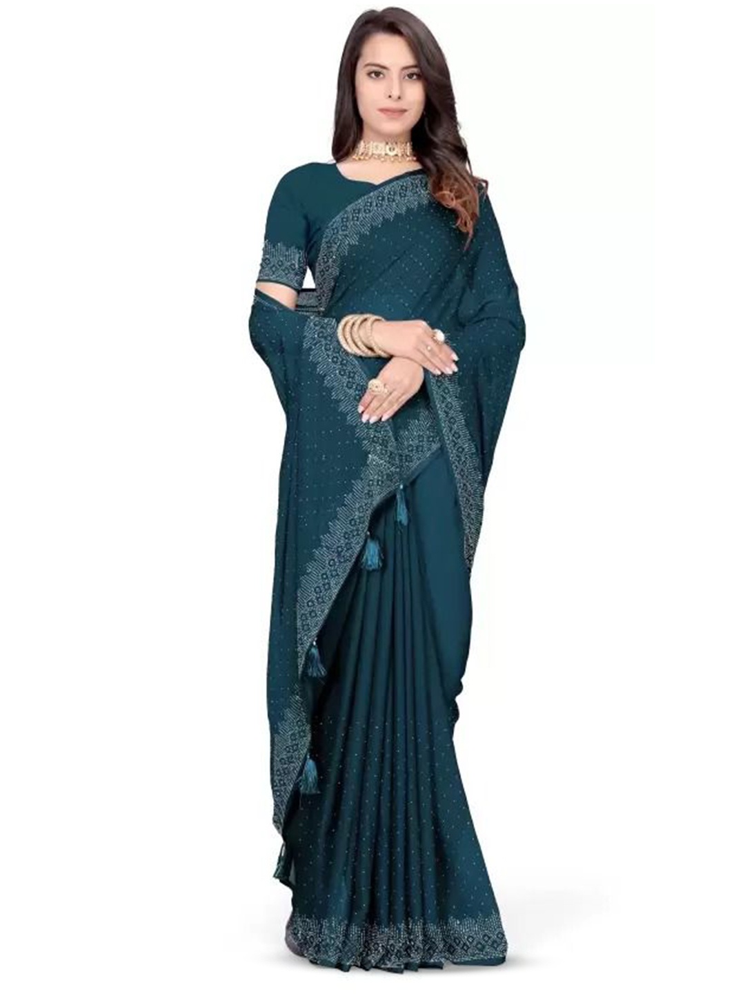 

KALINI Embellished Beads and Stones Pure Georgette Saree, Blue