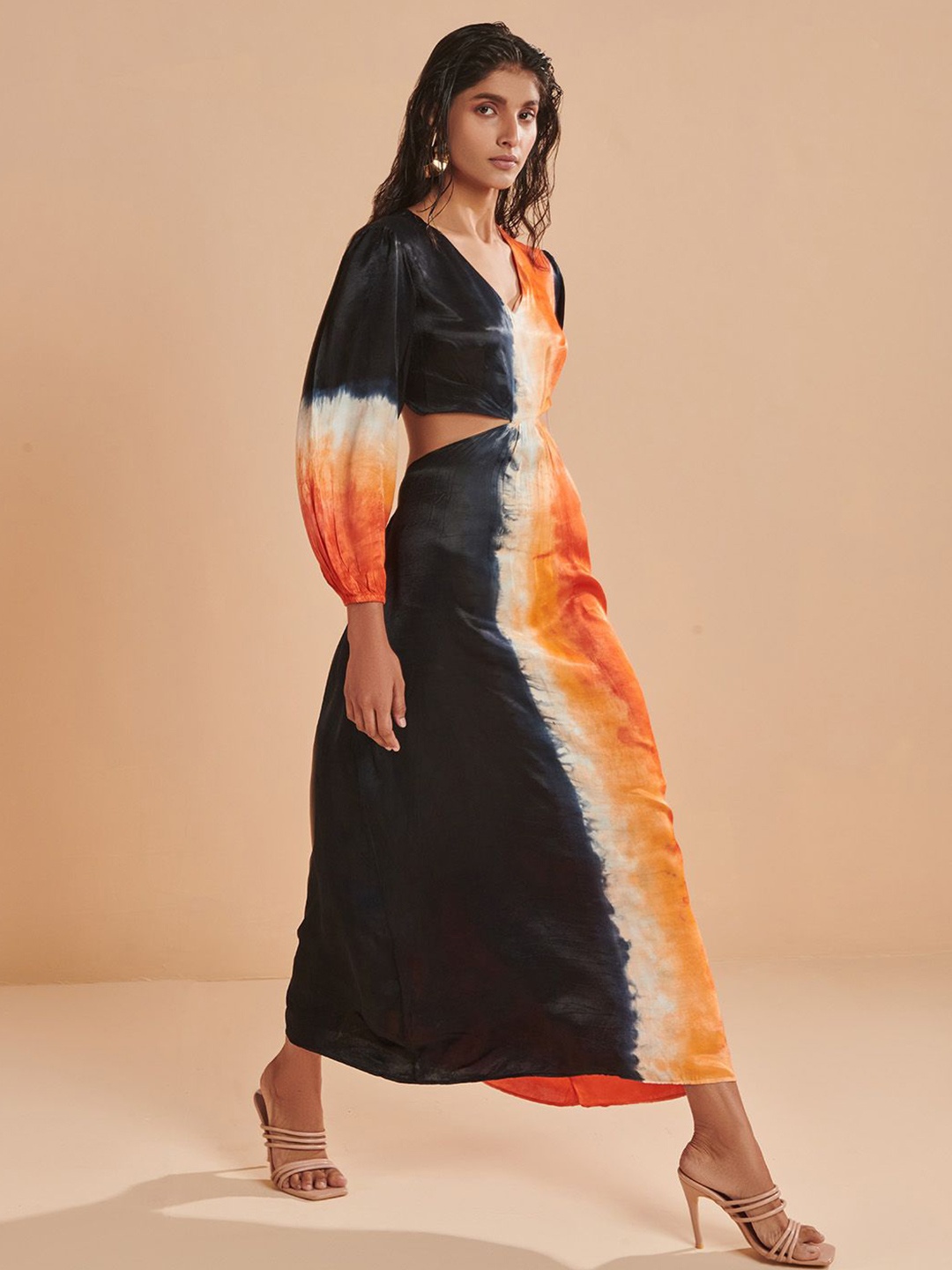 

Dorabi Tie and Dye Print Satin Maxi Dress, Black