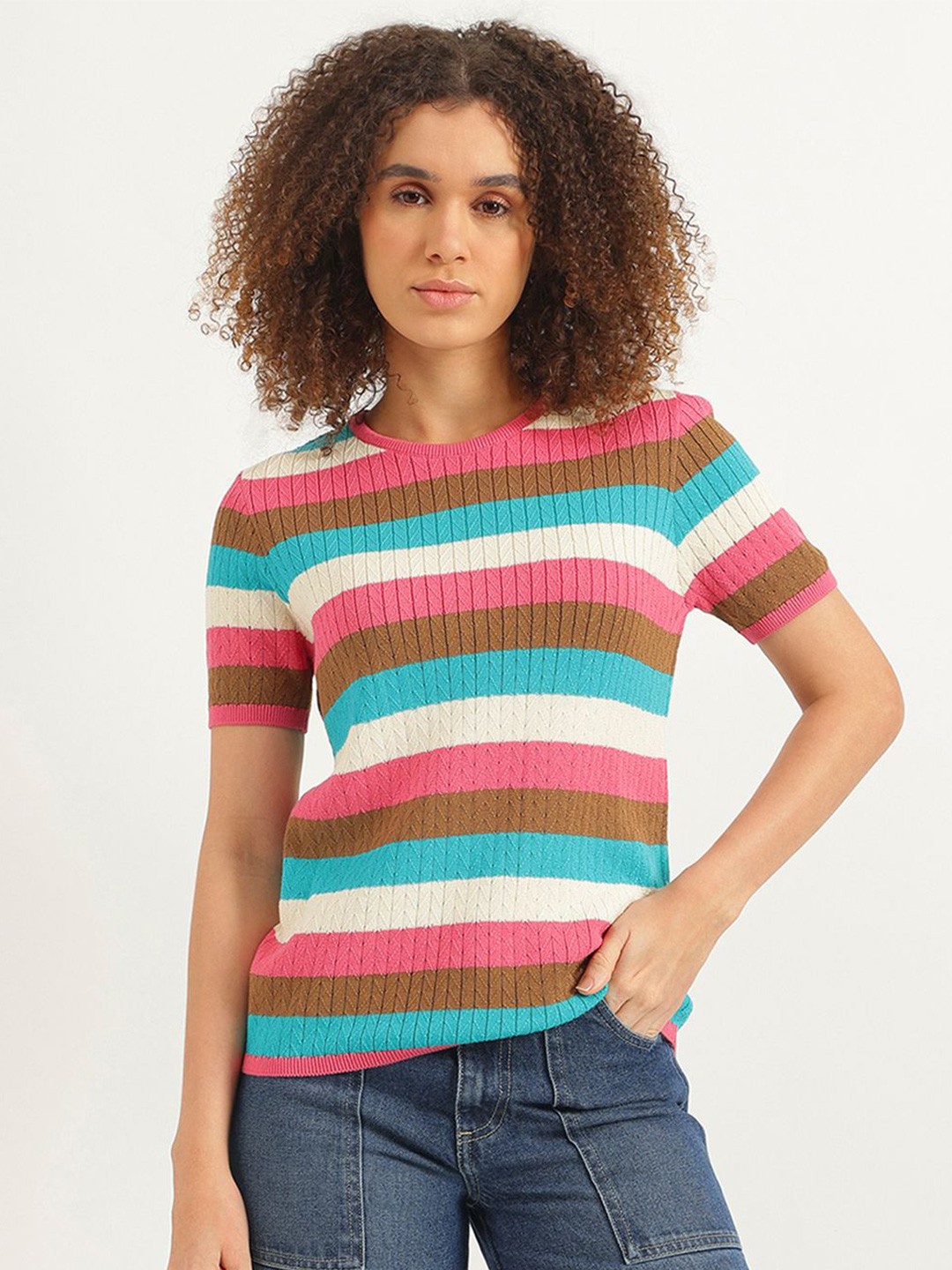 

United Colors of Benetton Women Striped Cotton Top, Blue