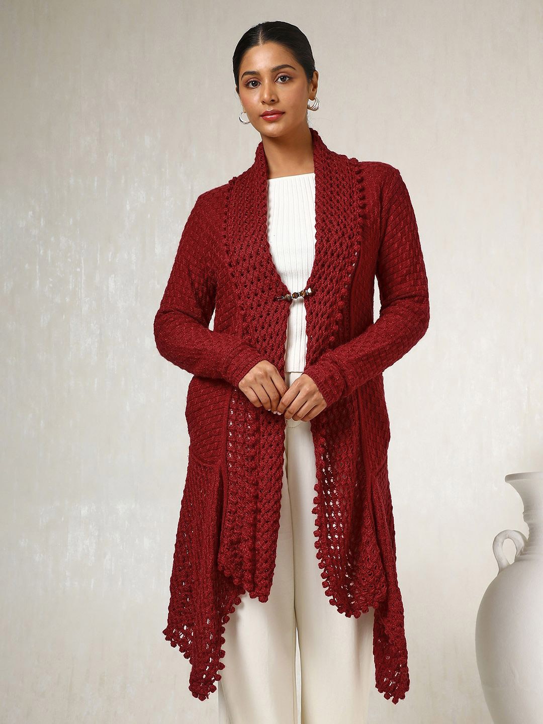 

Soch Maroon Self Design Acrylic Longline Open Front Shrug