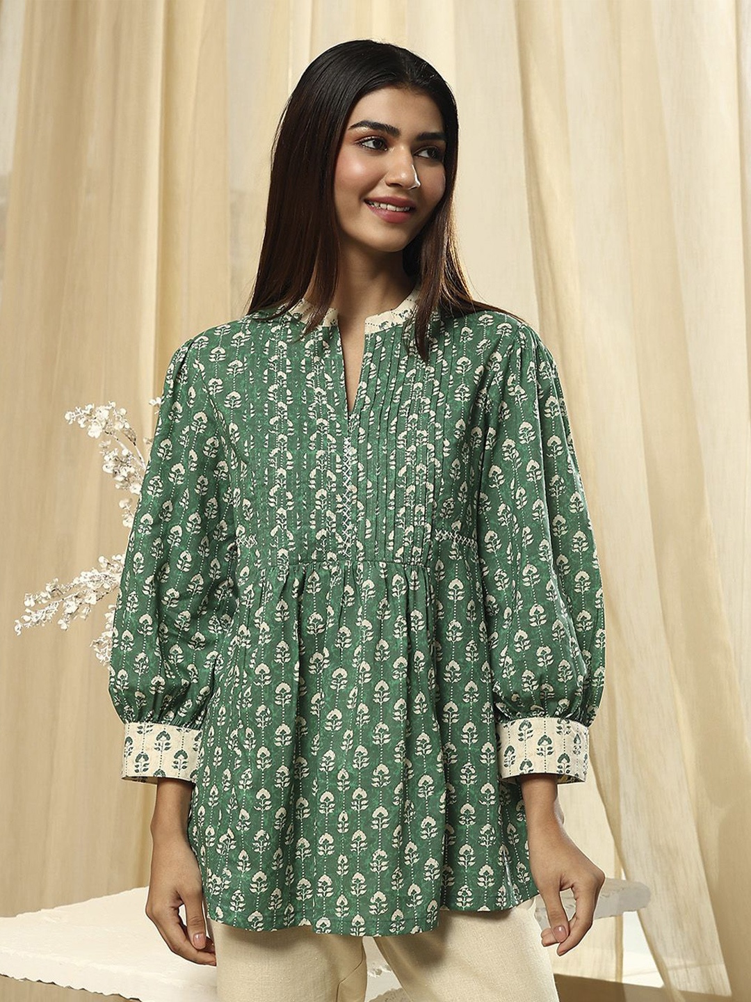 

Biba Floral Printed Pure Cotton Pleated Kurti, Green