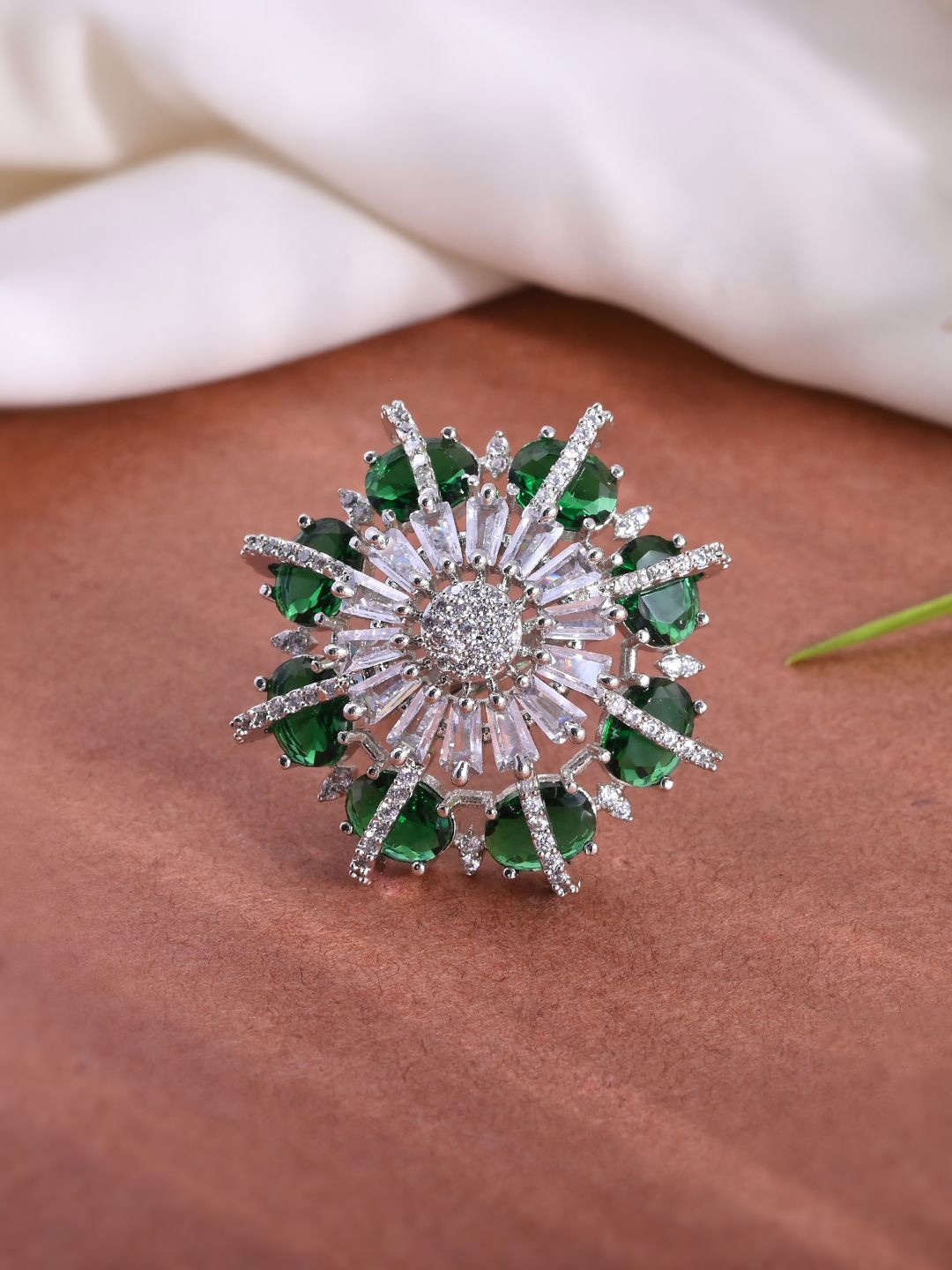

Silvermerc Designs Silver-Plated American Diamond-Studded Floral Finger Ring