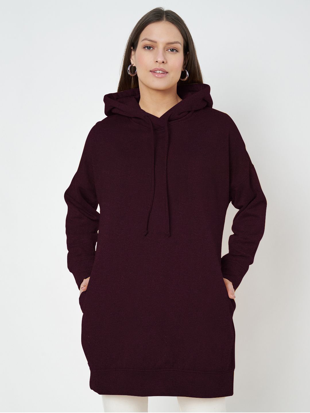 

BRINNS Women Hooded Longline Pullover Sweatshirt, Burgundy