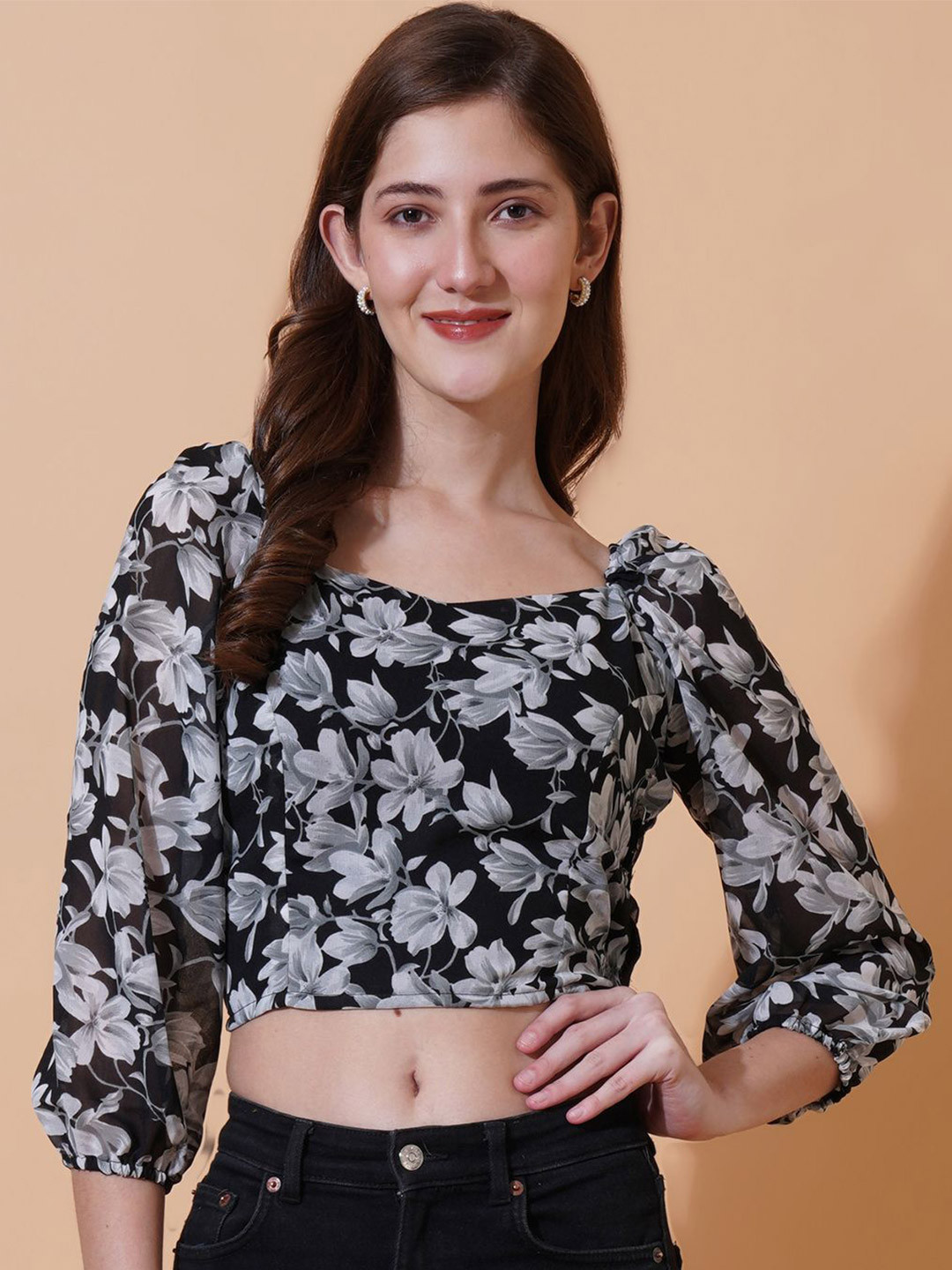 

Moda Rapido Floral Print Sweetheart Neck Puff Sleeve Georgette Crop Top, Grey