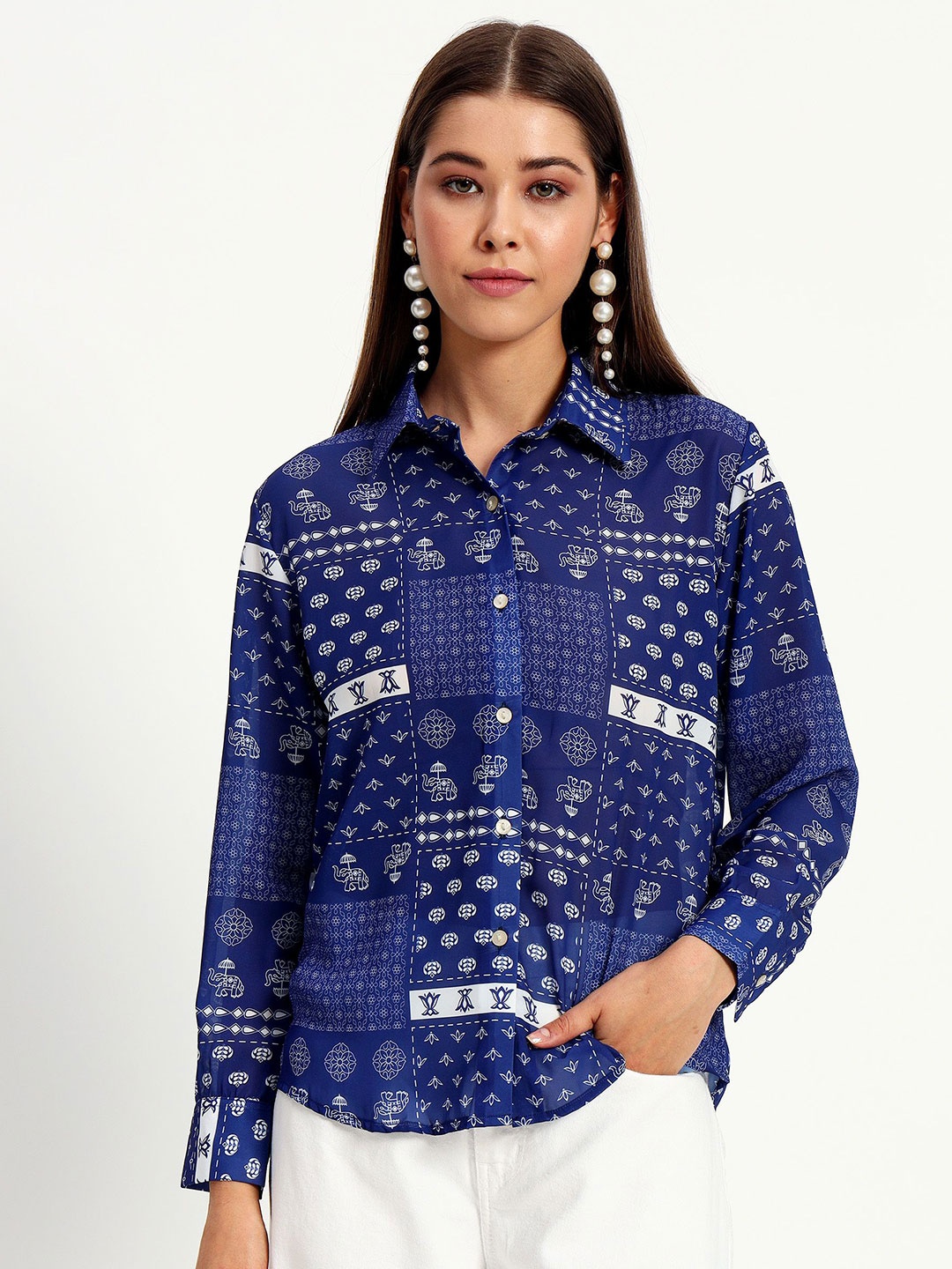 

Peikh Women Classic Opaque Printed Casual Shirt, Navy blue