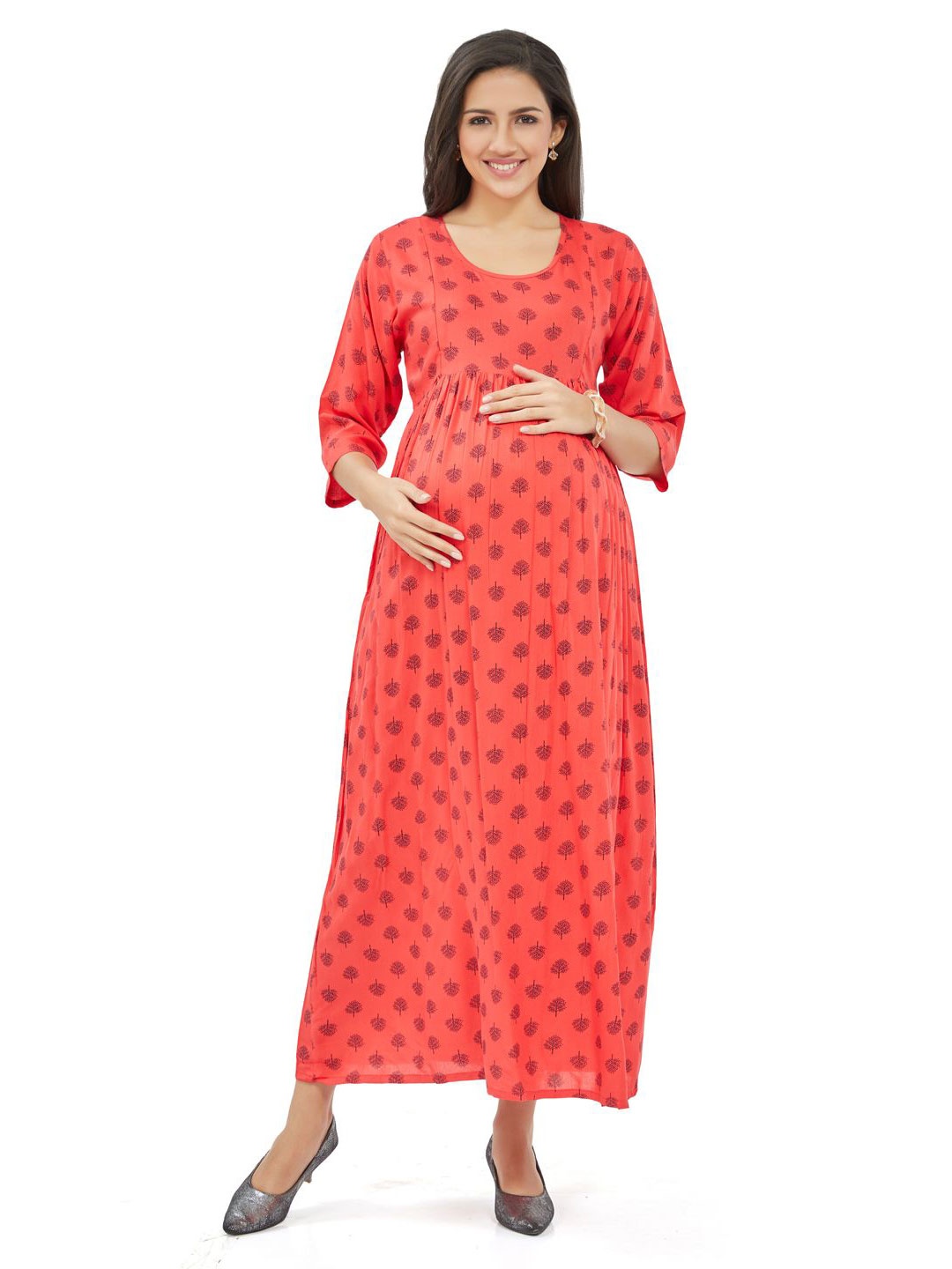 

LOVELY MOM'S Women Ethnic Motifs Printed Maternity Maxi Dress, Orange