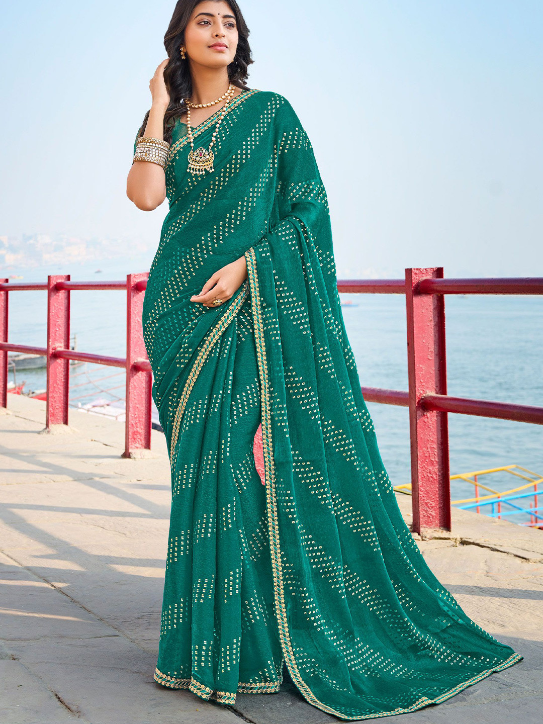 

Laxmipati Poly Chiffon Designer Saree, Green