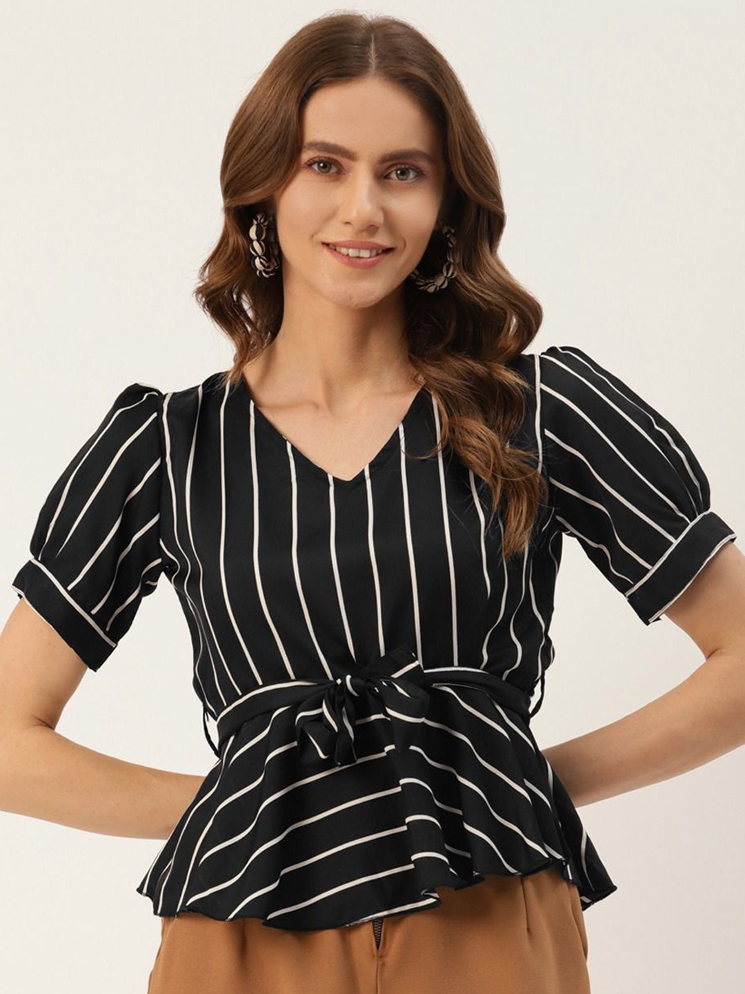 

Moda Rapido Striped Puff Sleeve Crepe Peplum Top, Black