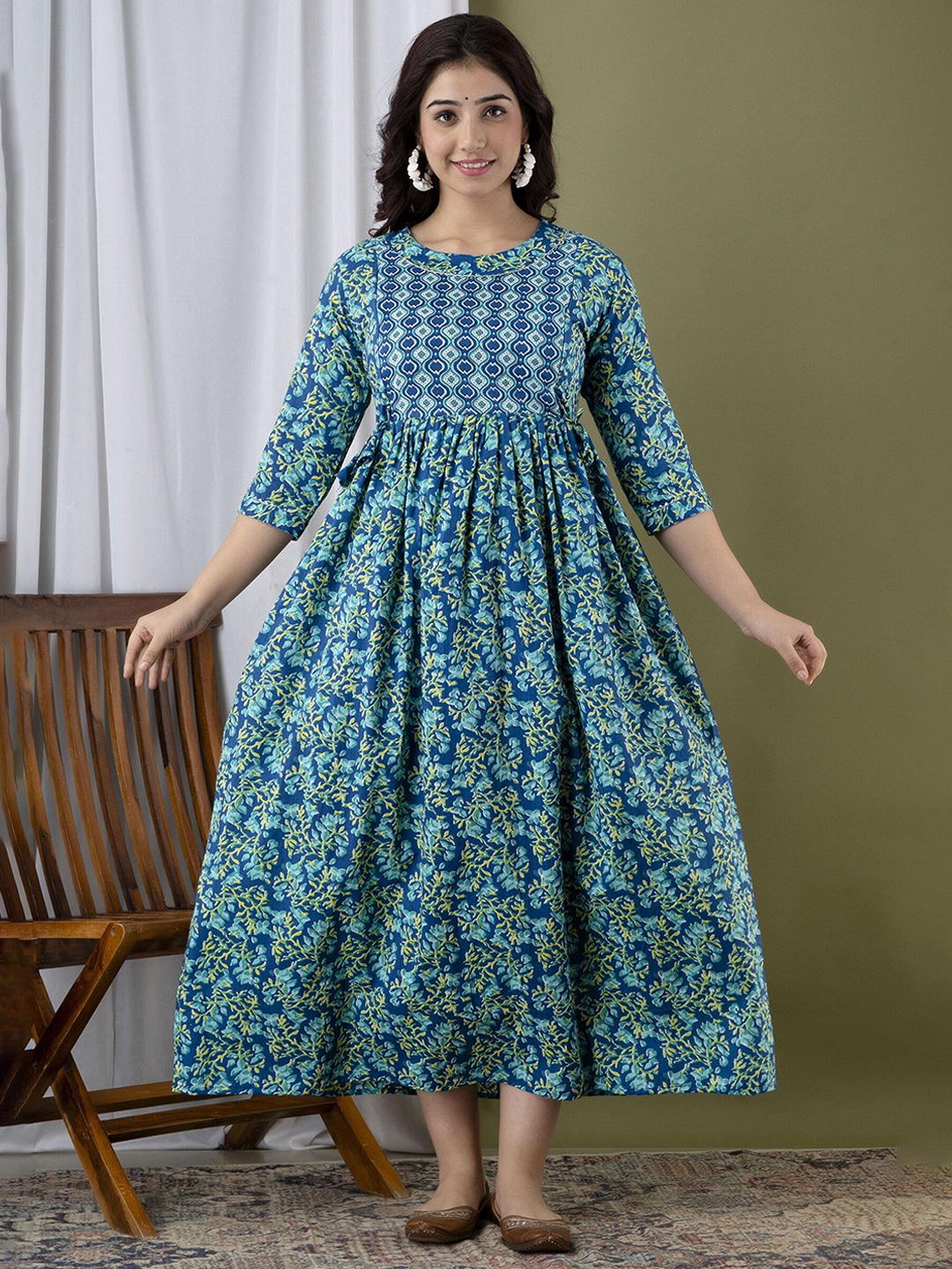 

FEMARY Women Floral Printed Maternity Cotton Fit & Flare Midi Dress, Blue