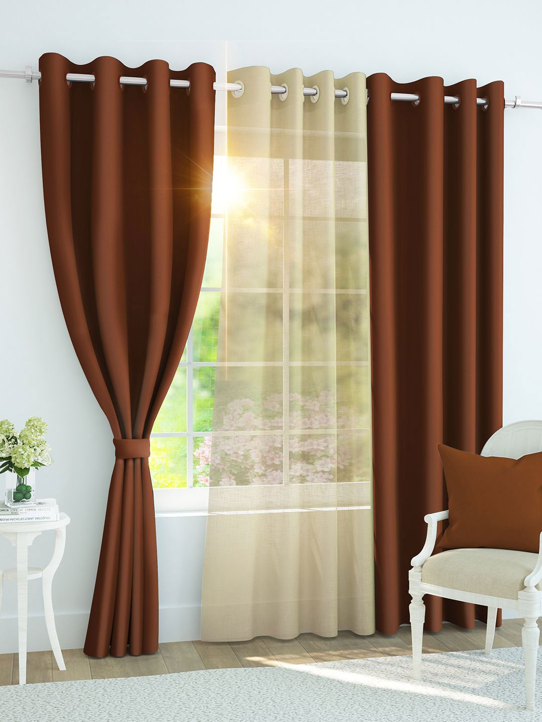 

Story@home Set of 3 Combo Long Door Curtains of Blackout & Sheer 9 Feet, Brown & Beige