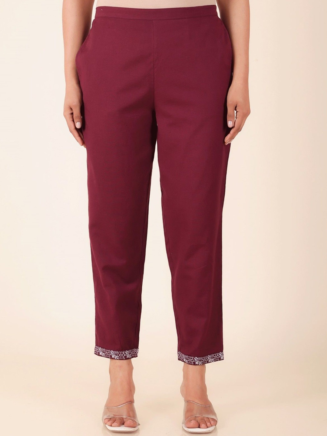 

Aramya Women Straight Fit High-Rise Trousers, Maroon
