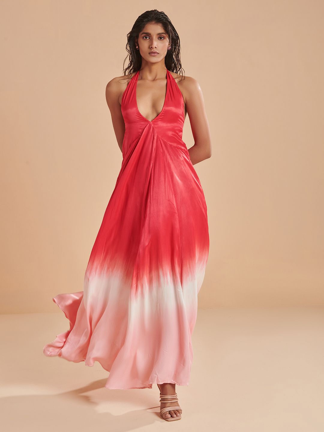 

Dorabi Tie and Dye Dyed Halter Neck Satin Maxi Dress, Rose