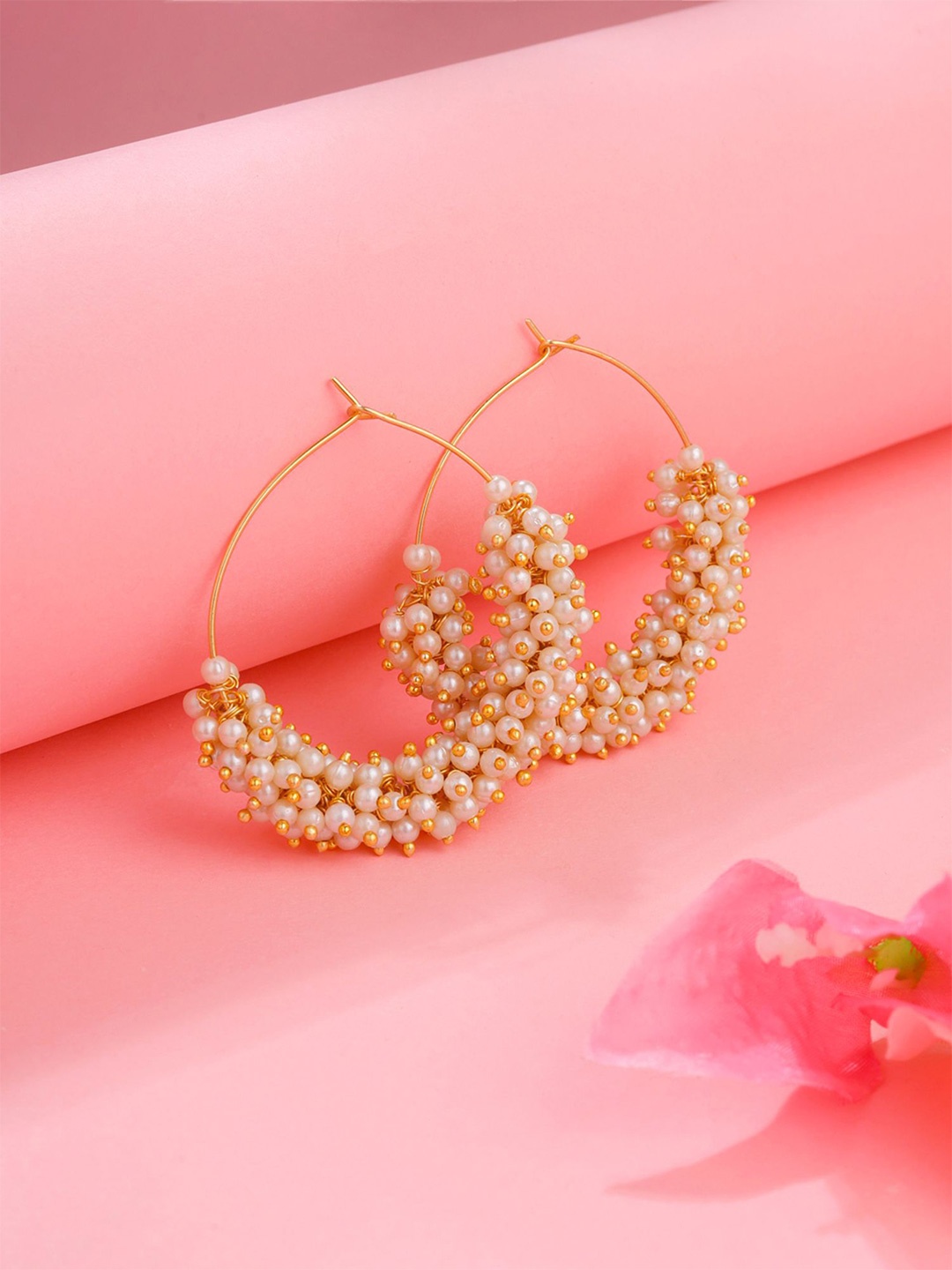 

Yellow Chimes Gold Plated Pearls Beaded Contemporary Hoop Earrings