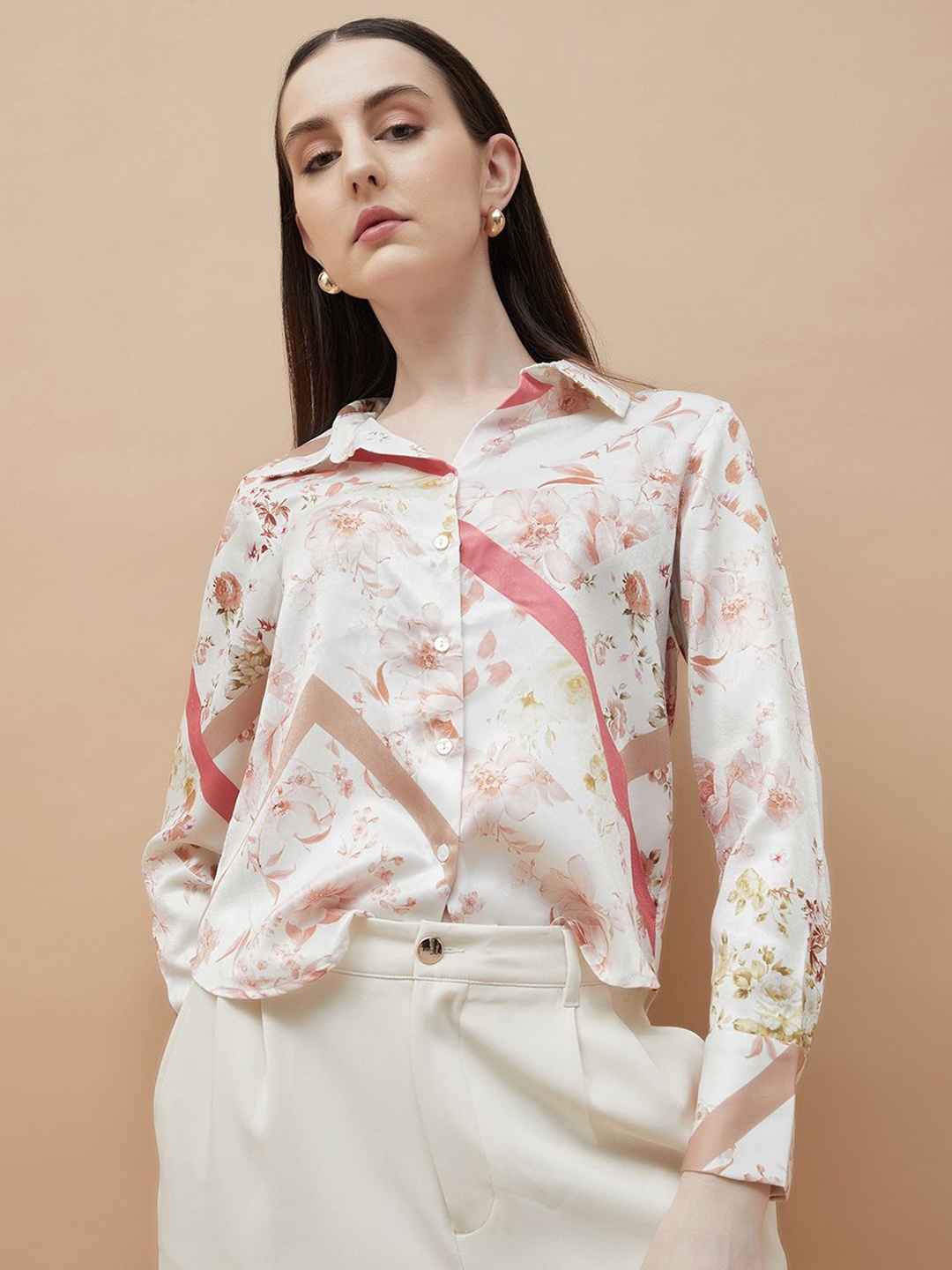 

CODE by Lifestyle Women Spread Collar Floral Printed Casual Shirt, Off white